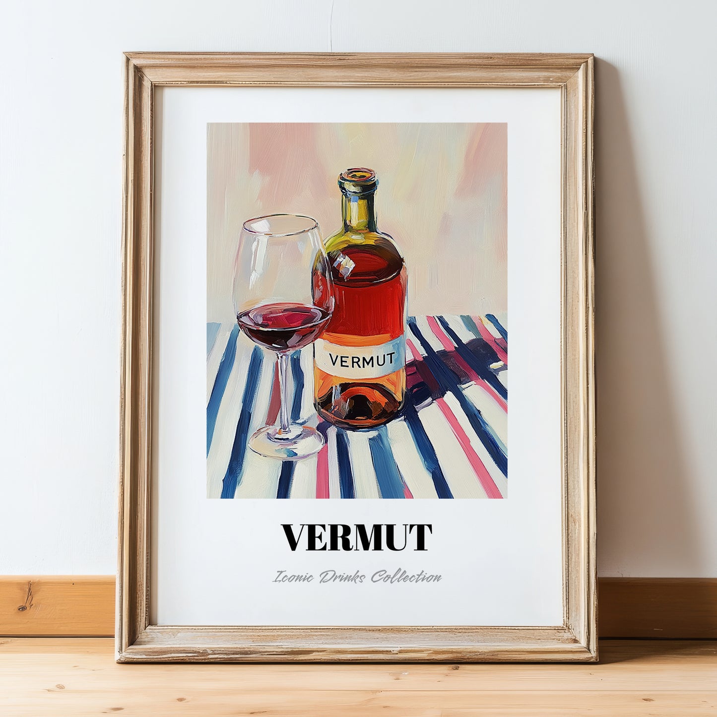 Vermut – on Striped Tablecloth, Spanish Wine Still Life, in wooden frame leaning on the floor