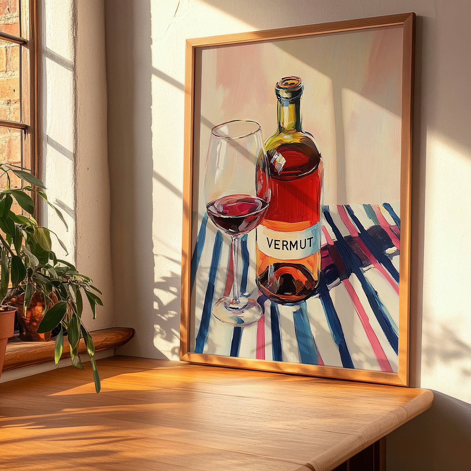 Vermut – on Striped Tablecloth, Spanish Wine Still Life, clean layout with no caption