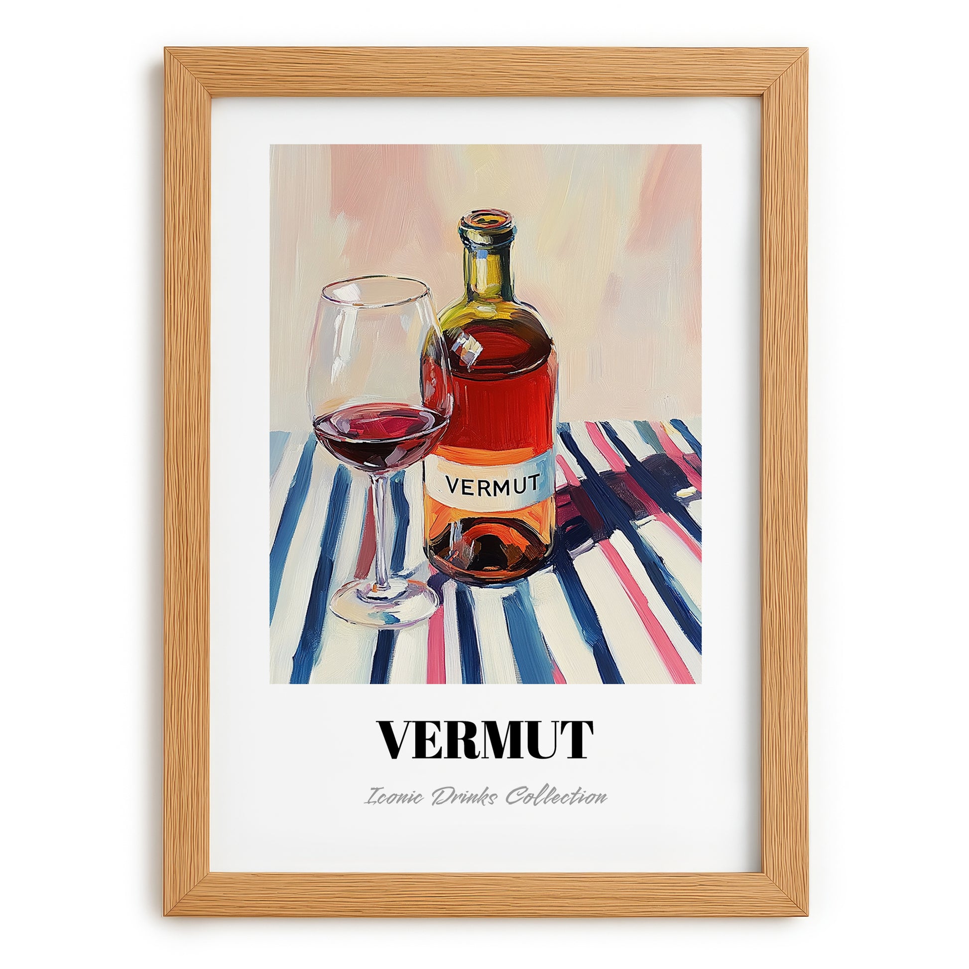 Vermut – on Striped Tablecloth, Spanish Wine Still Life, set in oak frame