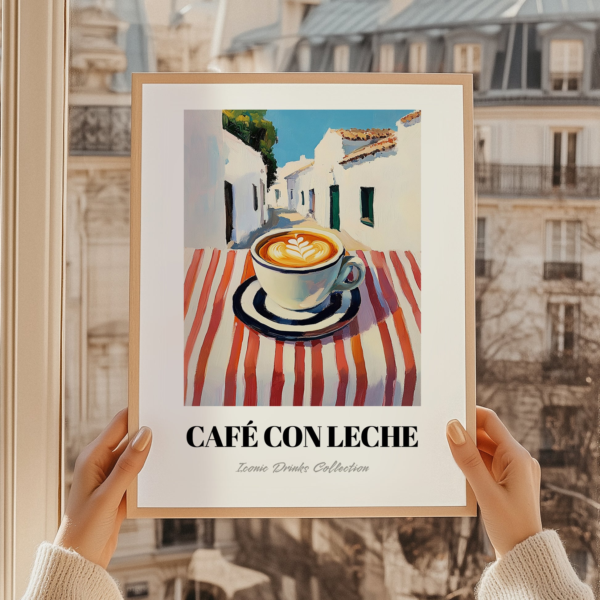 Café Con Leche – Spanish Street Café Scene, Spanish Coffee Illustration, styled in a charming Paris street view