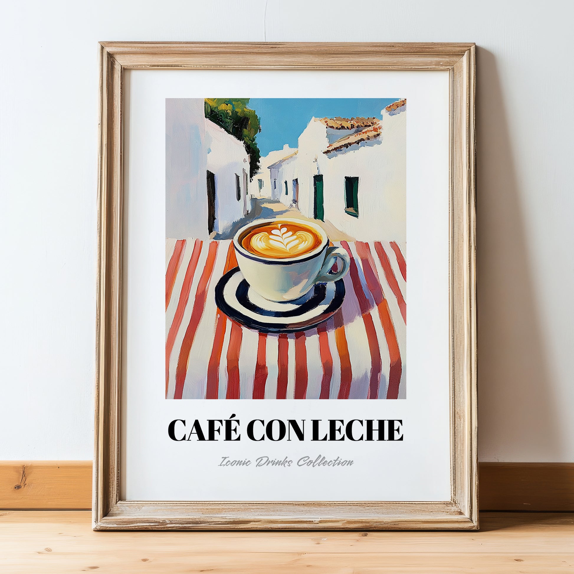 Café Con Leche – Spanish Street Café Scene, Spanish Coffee Illustration, in wooden frame leaning on the floor