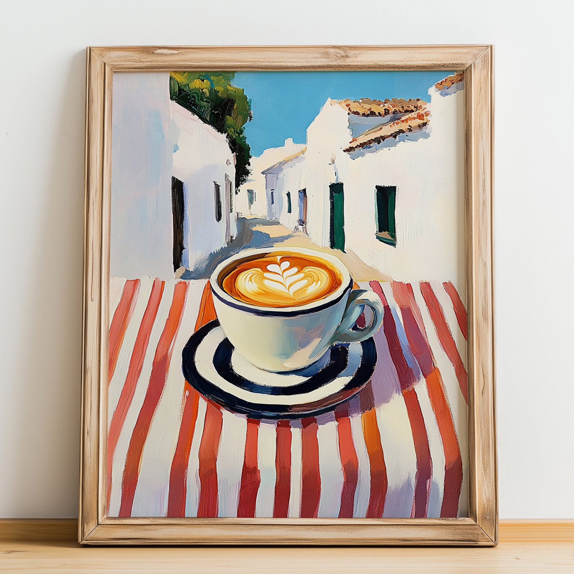 Café Con Leche – Spanish Street Café Scene, Spanish Coffee Illustration, no-text version framed in wood