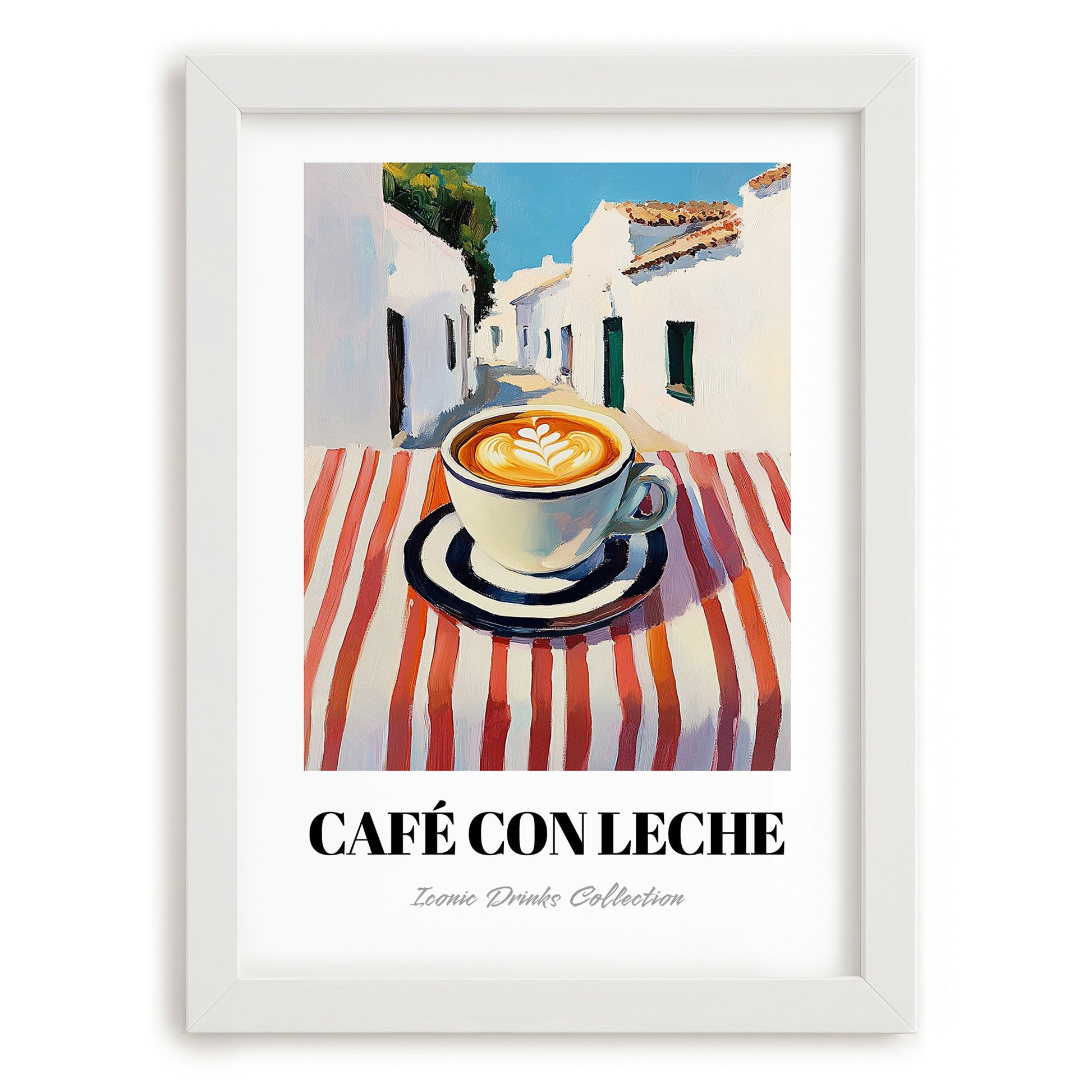 Café Con Leche – Spanish Street Café Scene, Spanish Coffee Illustration, placed in minimal white frame