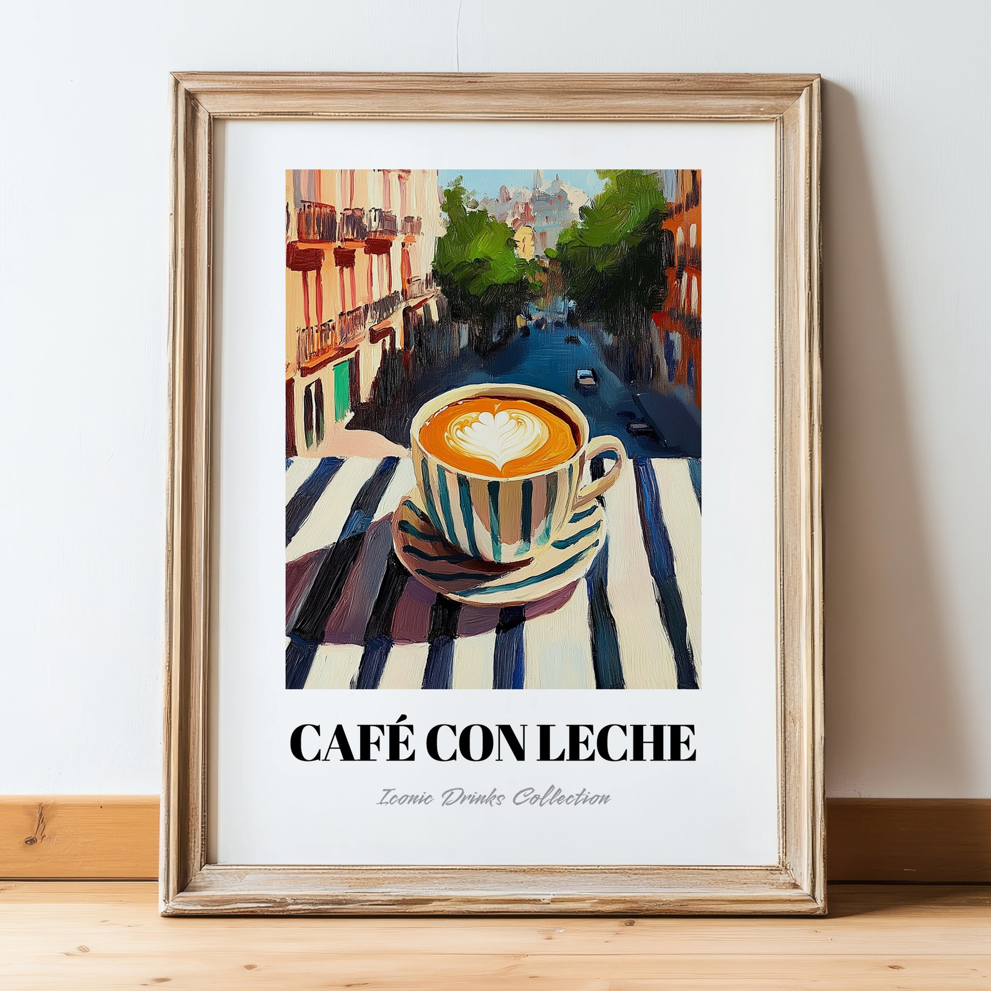 Café Con Leche – Spanish Outdoor Café Scene, Spanish Coffee Wall Decor, in wooden frame leaning on the floor