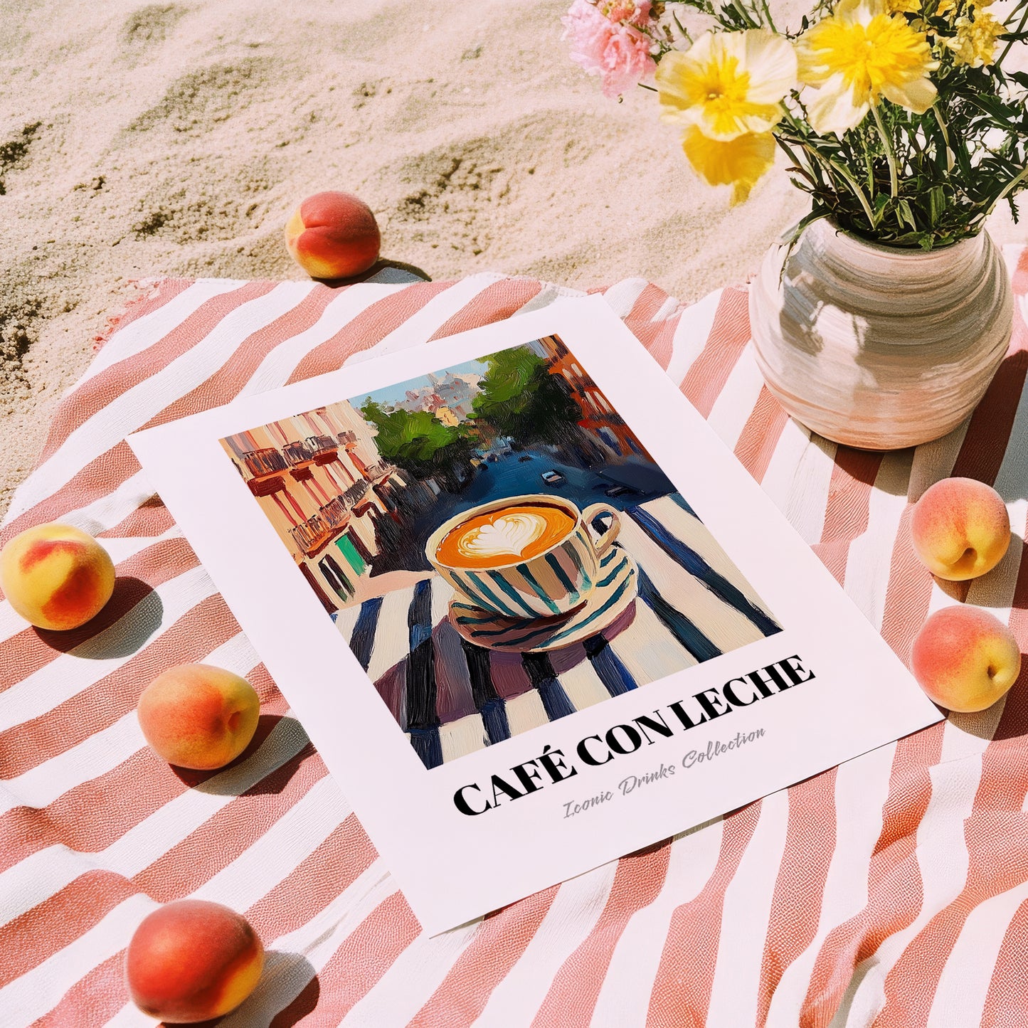 Café Con Leche – Spanish Outdoor Café Scene, Spanish Coffee Wall Decor, unframed on coastal sand