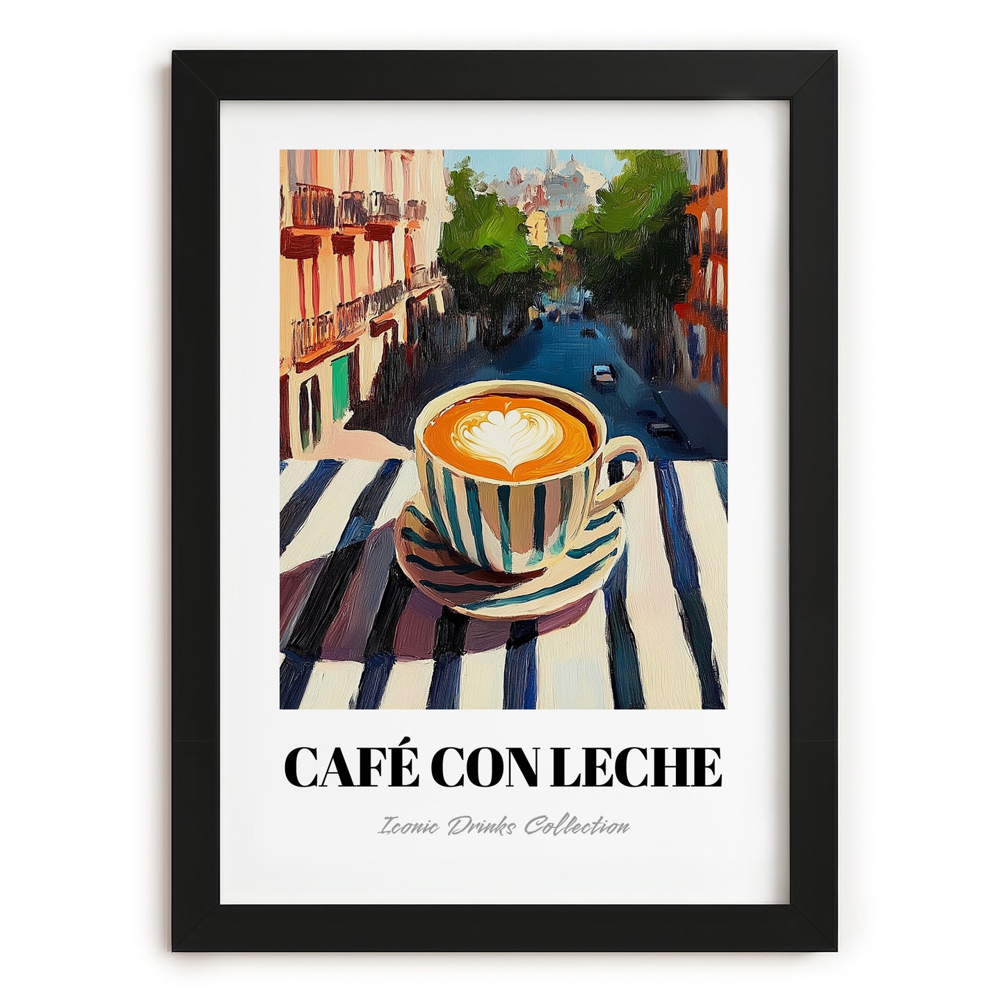 Café Con Leche – Spanish Outdoor Café Scene, Spanish Coffee Wall Decor, in sleek black frame