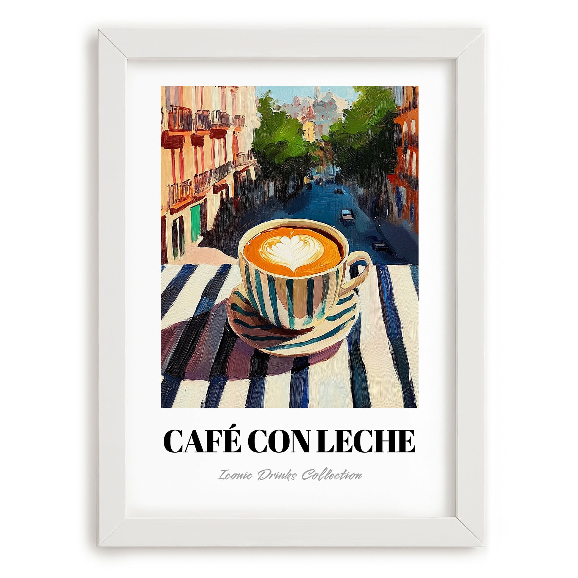 Café Con Leche – Spanish Outdoor Café Scene, Spanish Coffee Wall Decor, placed in minimal white frame
