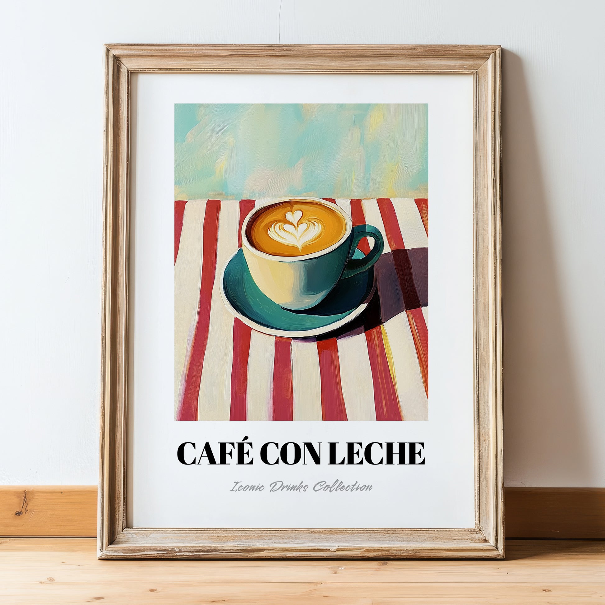 Café Con Leche – on Striped Tablecloth, Spanish Coffee Painting, in wooden frame leaning on the floor