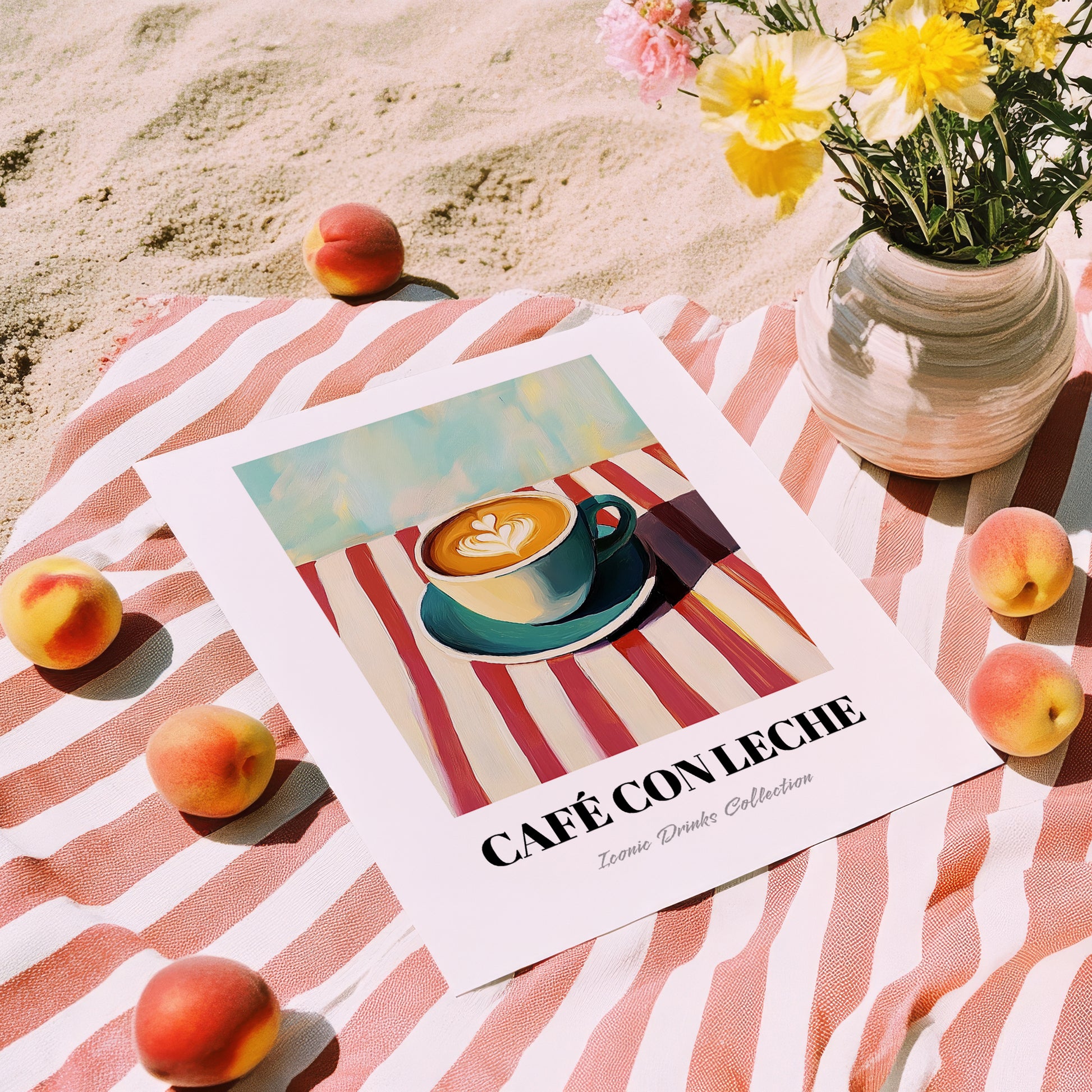 Café Con Leche – on Striped Tablecloth, Spanish Coffee Painting, unframed on coastal sand