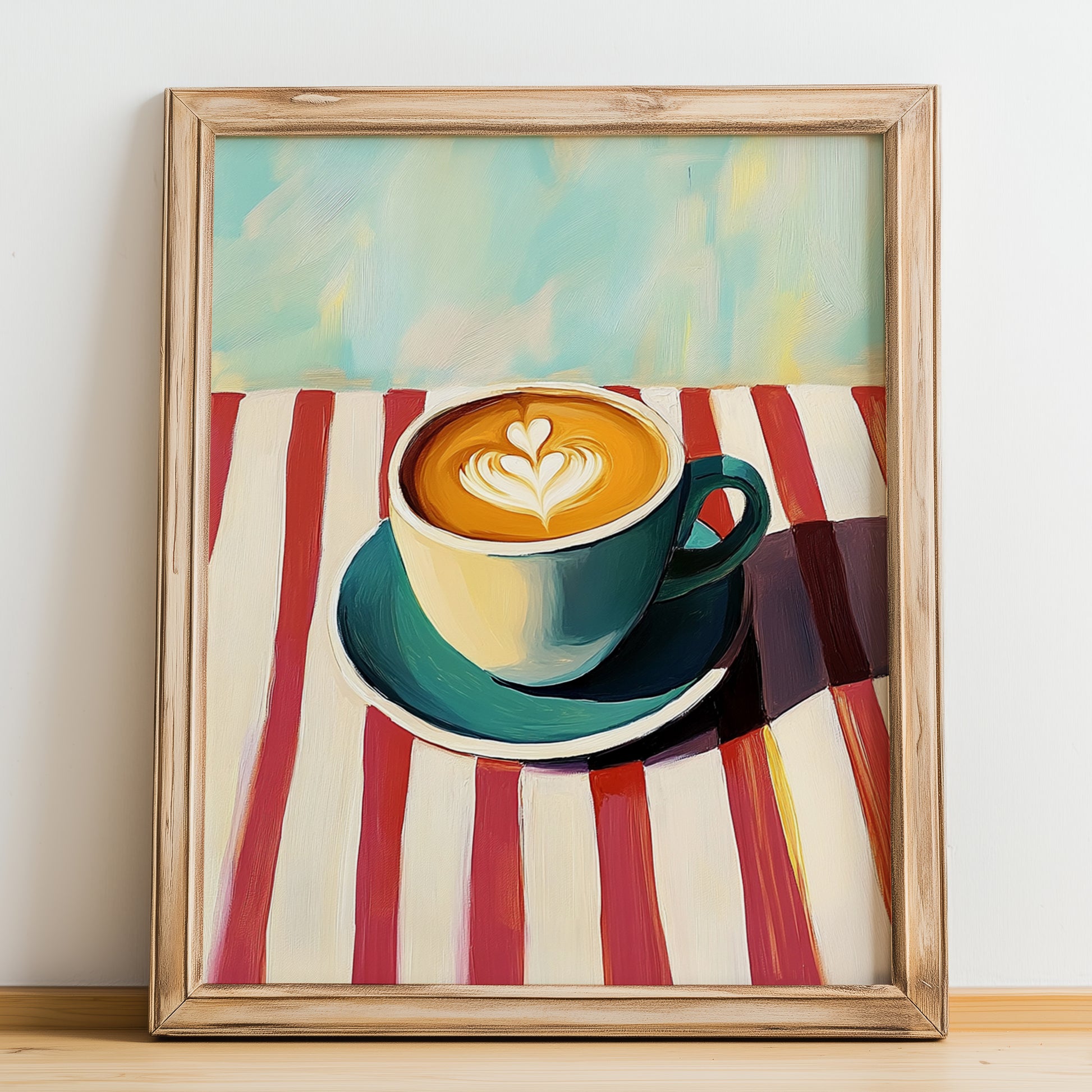 Café Con Leche – on Striped Tablecloth, Spanish Coffee Painting, no-text version framed in wood