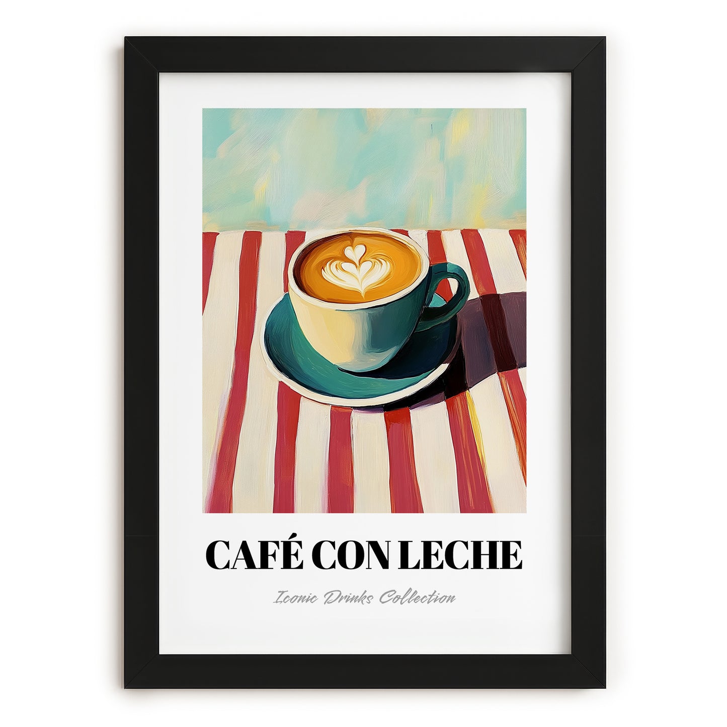 Café Con Leche – on Striped Tablecloth, Spanish Coffee Painting, in sleek black frame