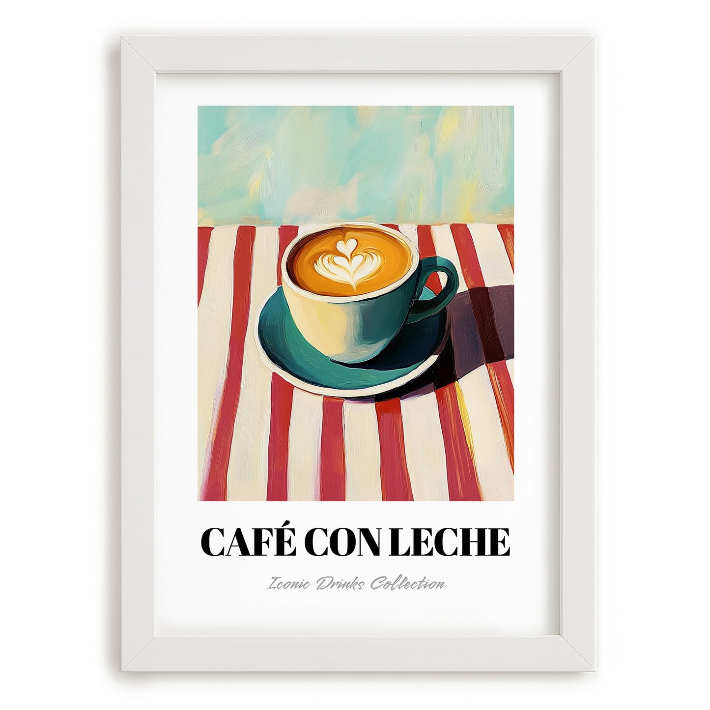 Café Con Leche – on Striped Tablecloth, Spanish Coffee Painting, placed in minimal white frame