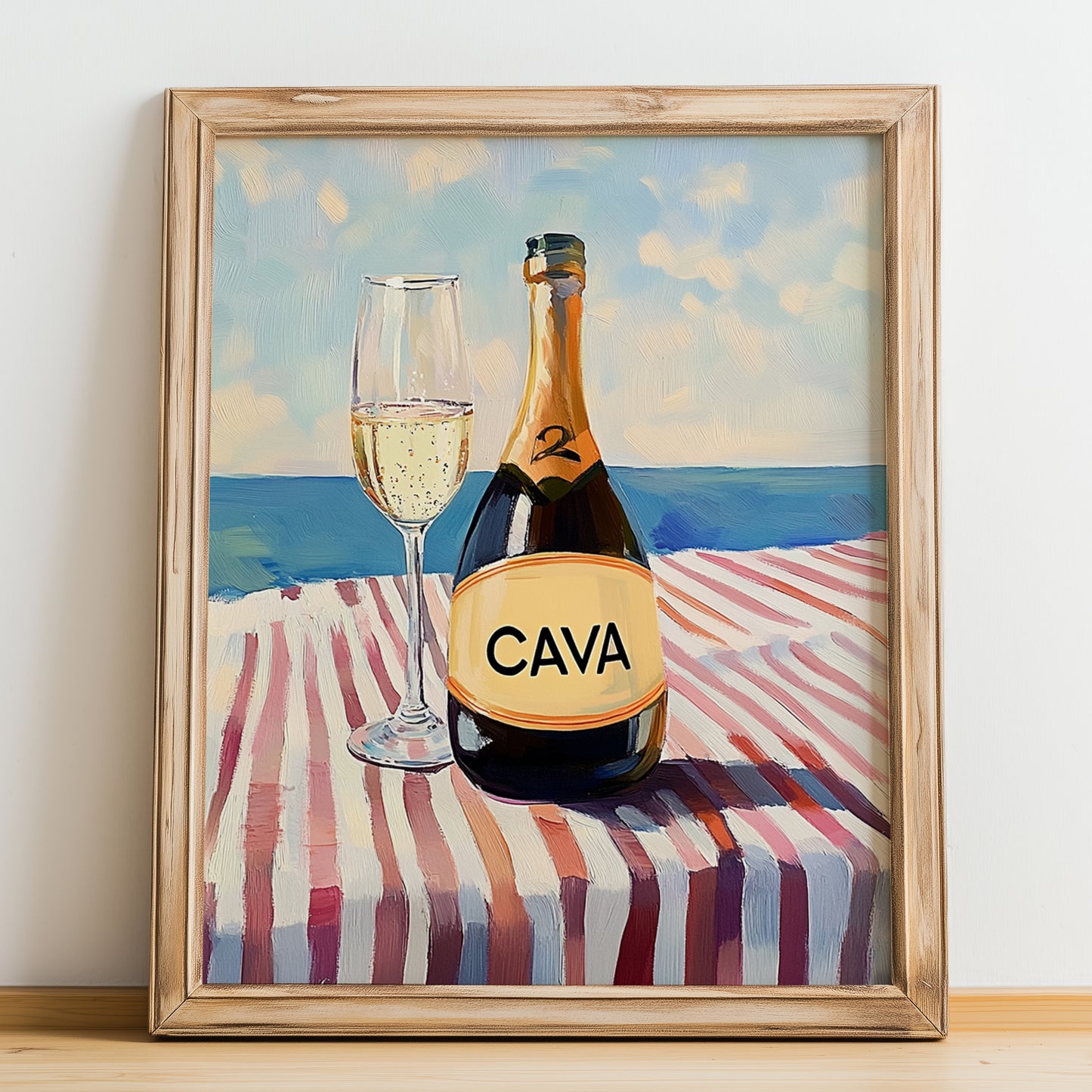 Cava – Spanish Coastal Table, Spanish Wine Poster, no-text version framed in wood
