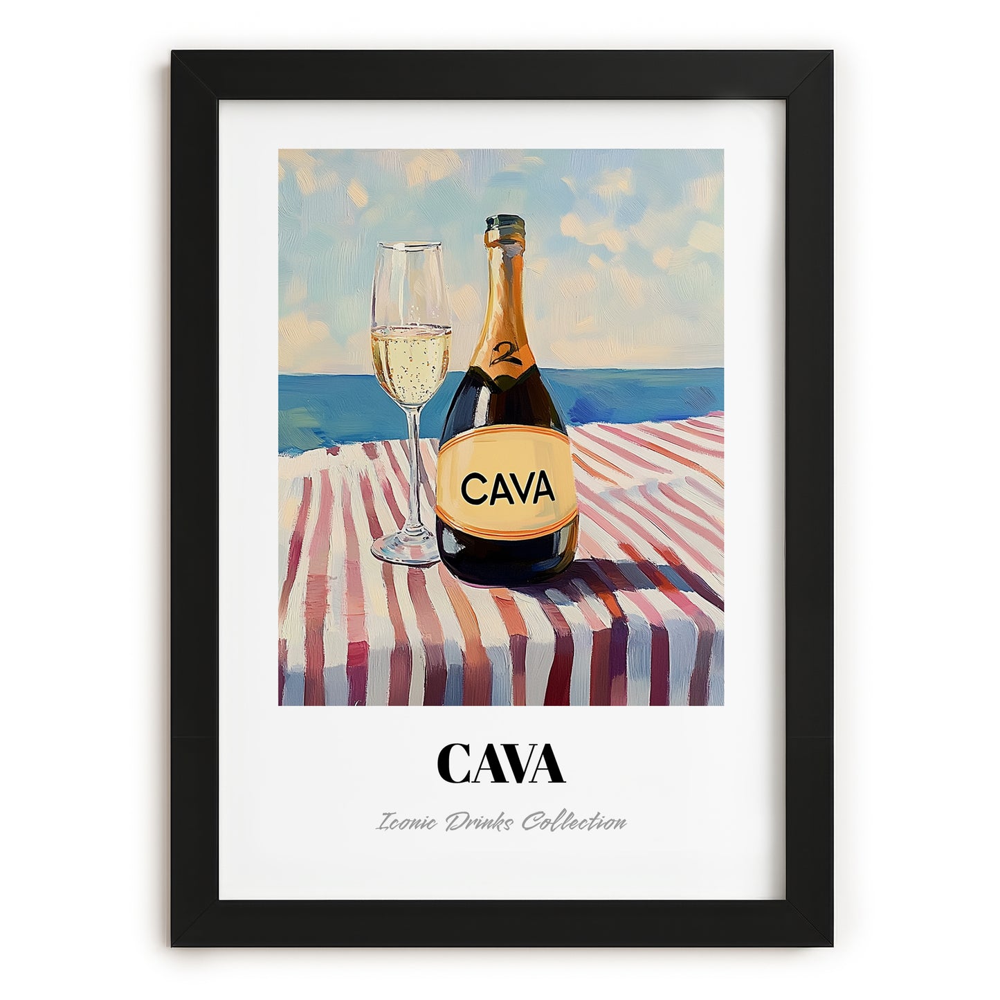 Cava – Spanish Coastal Table, Spanish Wine Poster, in sleek black frame