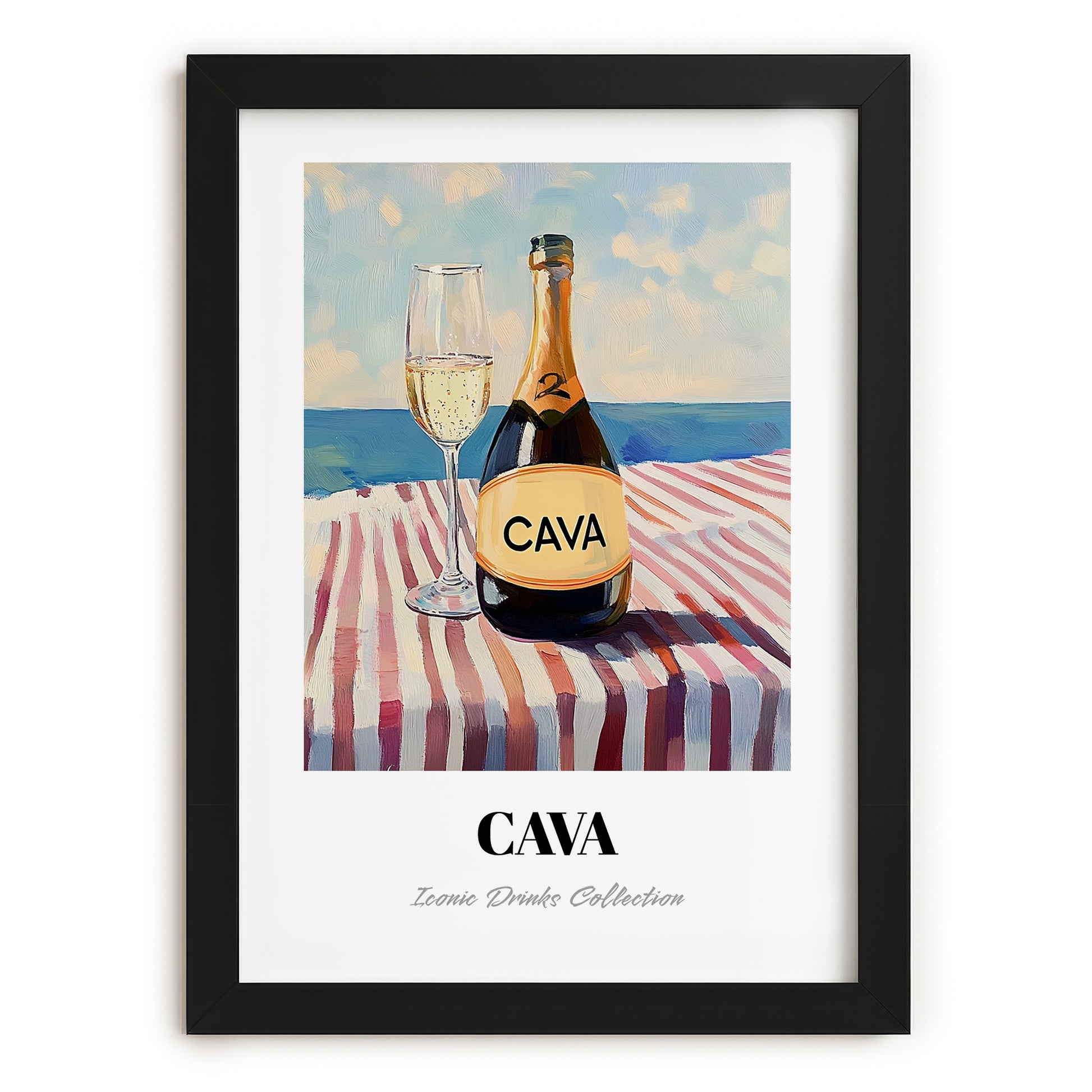 Cava – Spanish Coastal Table, Spanish Wine Poster, in sleek black frame