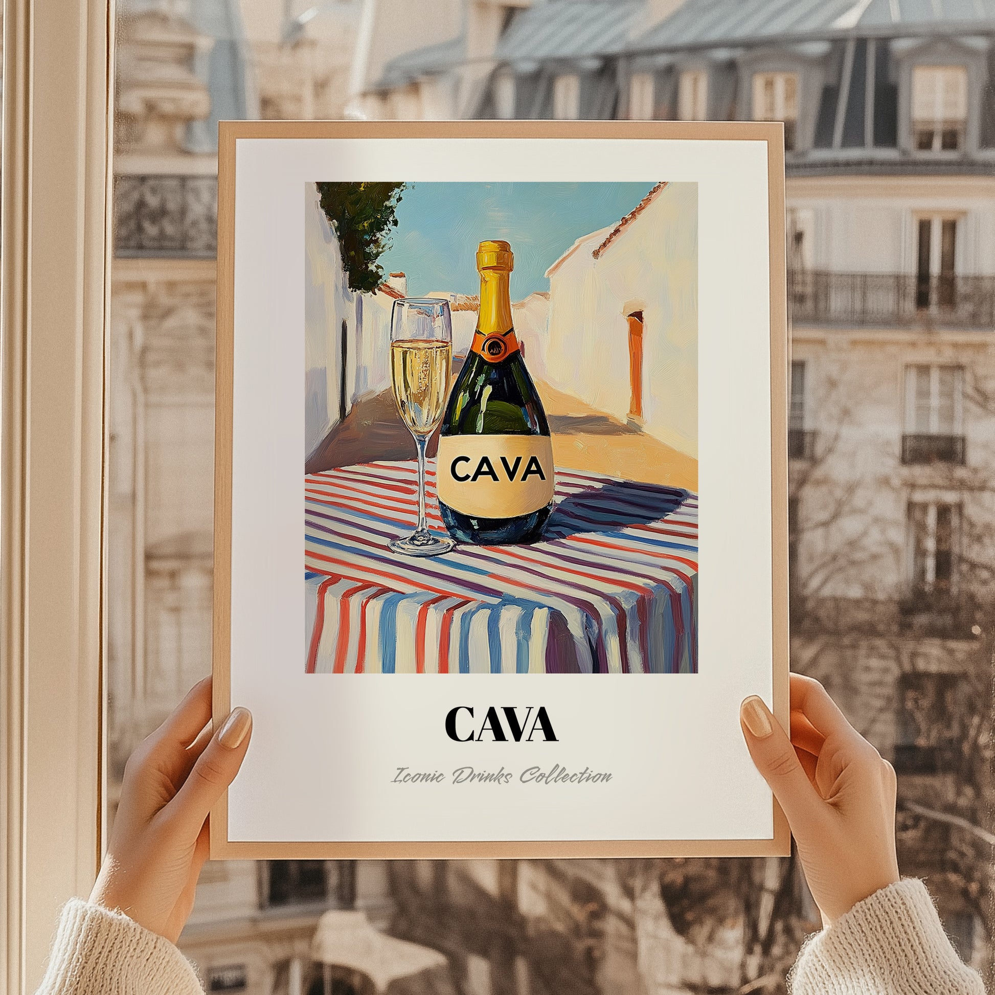 Cava – Spanish Urban Café Scene, Spanish Wine Print, styled in a charming Paris street view