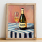 Cava – on Striped Tablecloth, Spanish Wine Wall Illustration, no-text version framed in wood