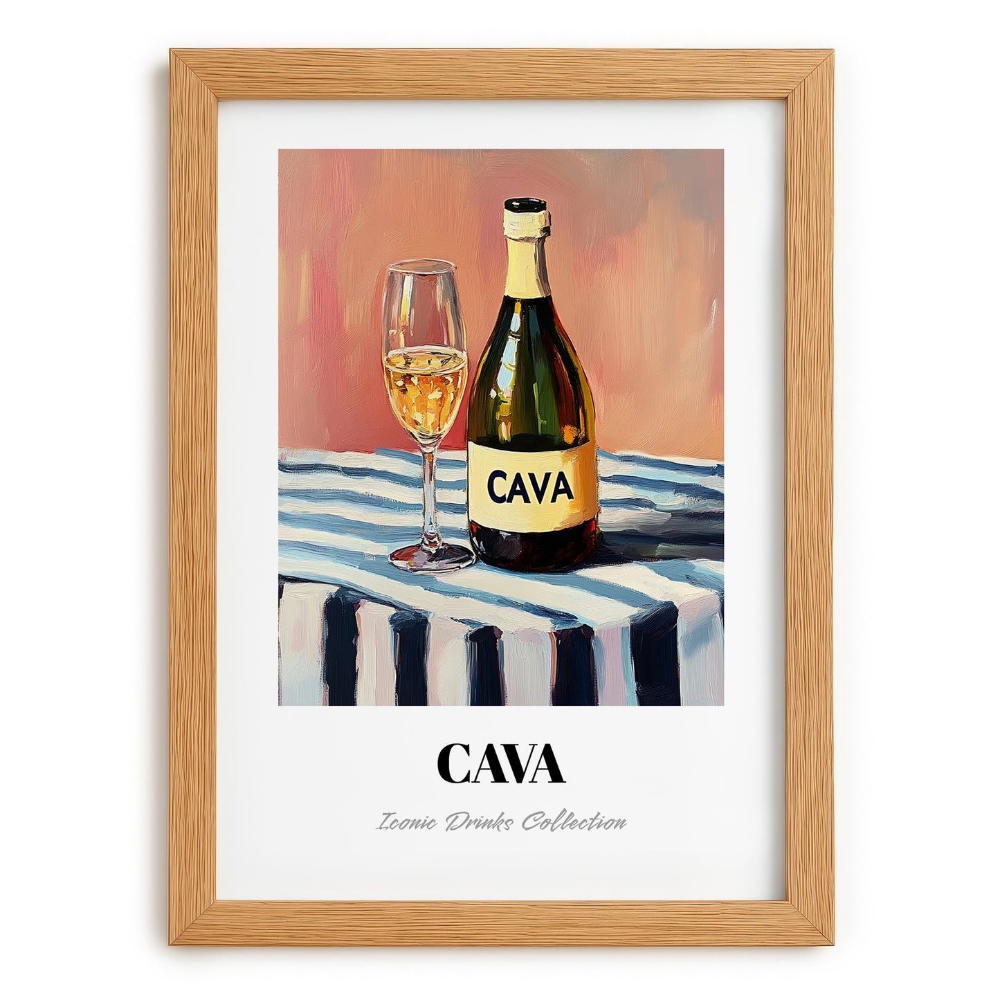Cava – on Striped Tablecloth, Spanish Wine Wall Illustration, set in oak frame