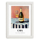 Cava – on Striped Tablecloth, Spanish Wine Wall Illustration, placed in minimal white frame