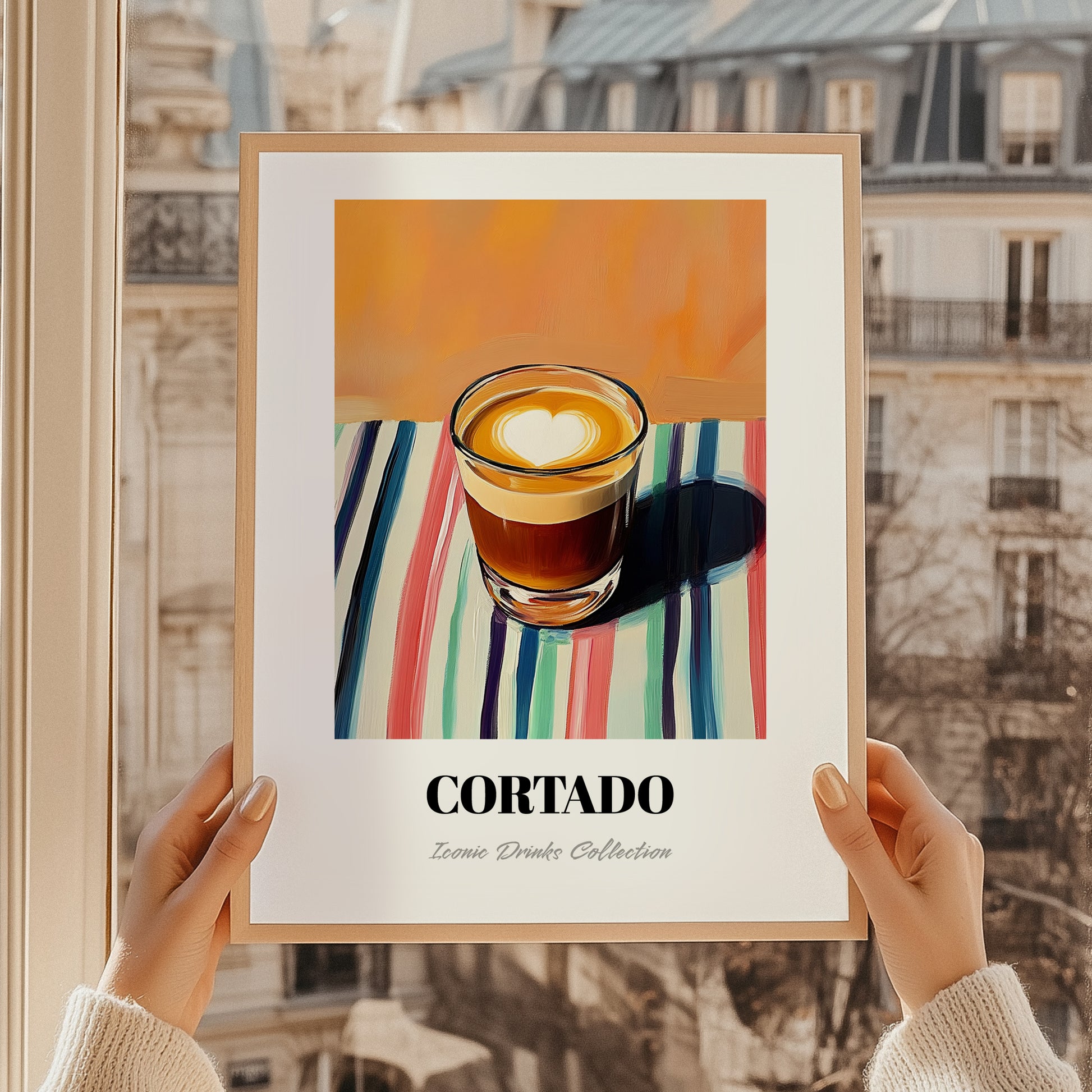 Cortado – on Striped Tablecloth, Spanish Coffee Wall Decor, styled in a charming Paris street view
