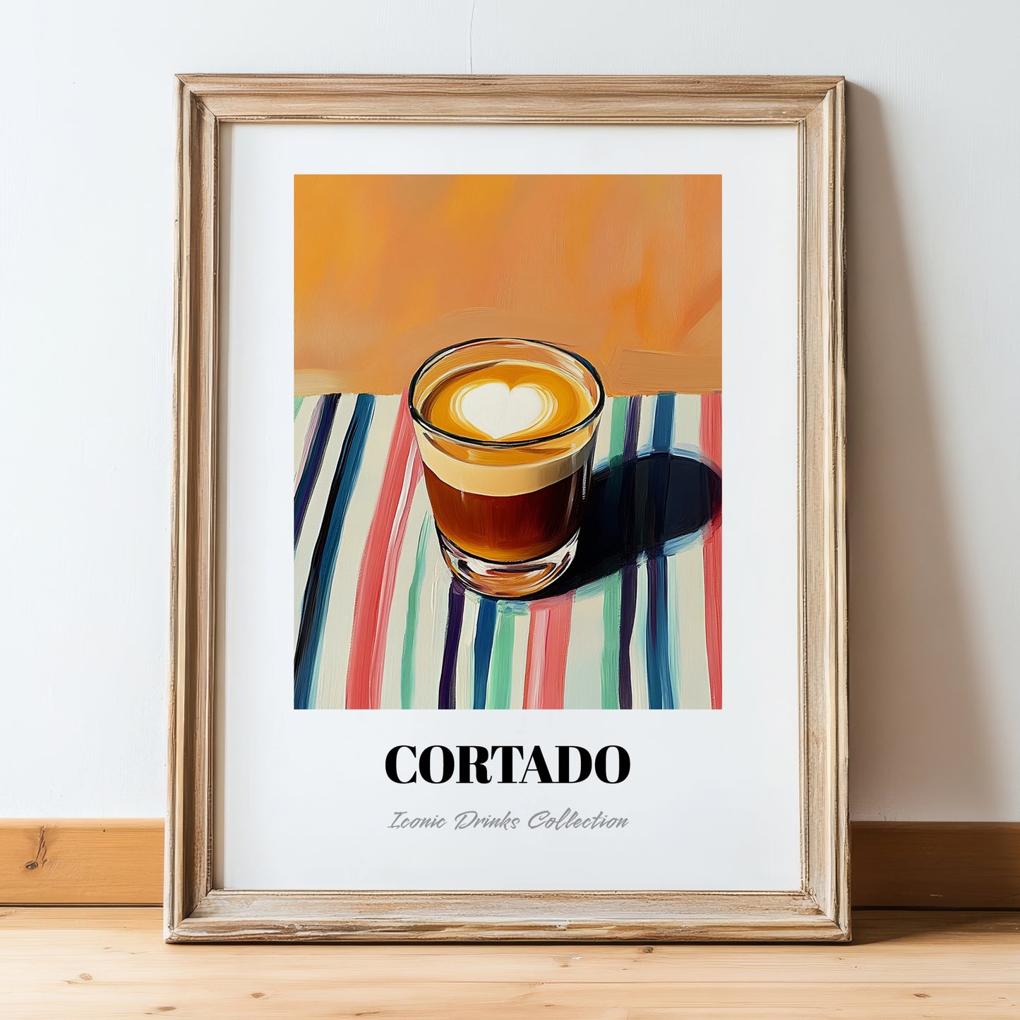 Cortado – on Striped Tablecloth, Spanish Coffee Wall Decor, in wooden frame leaning on the floor