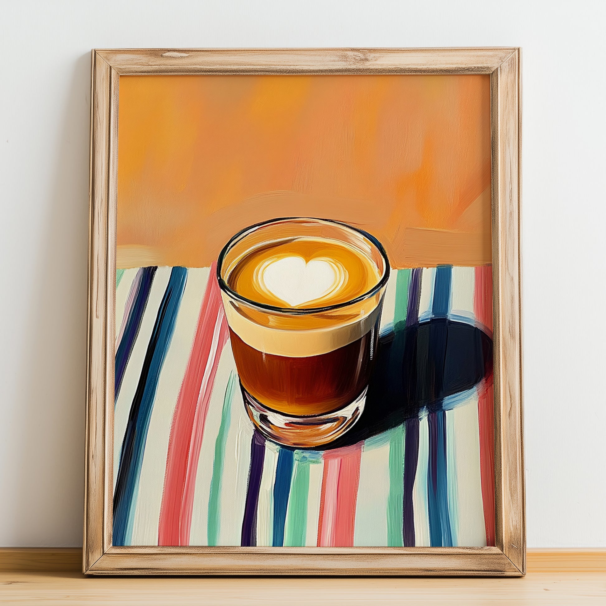 Cortado – on Striped Tablecloth, Spanish Coffee Wall Decor, no-text version framed in wood