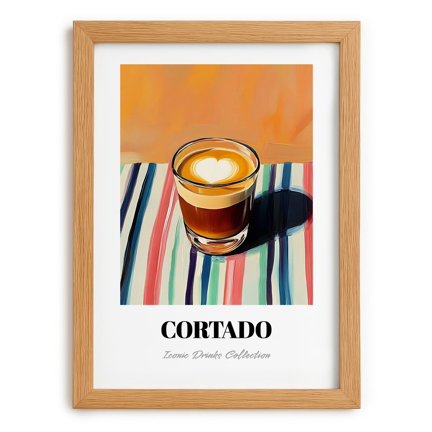 Cortado – on Striped Tablecloth, Spanish Coffee Wall Decor, set in oak frame