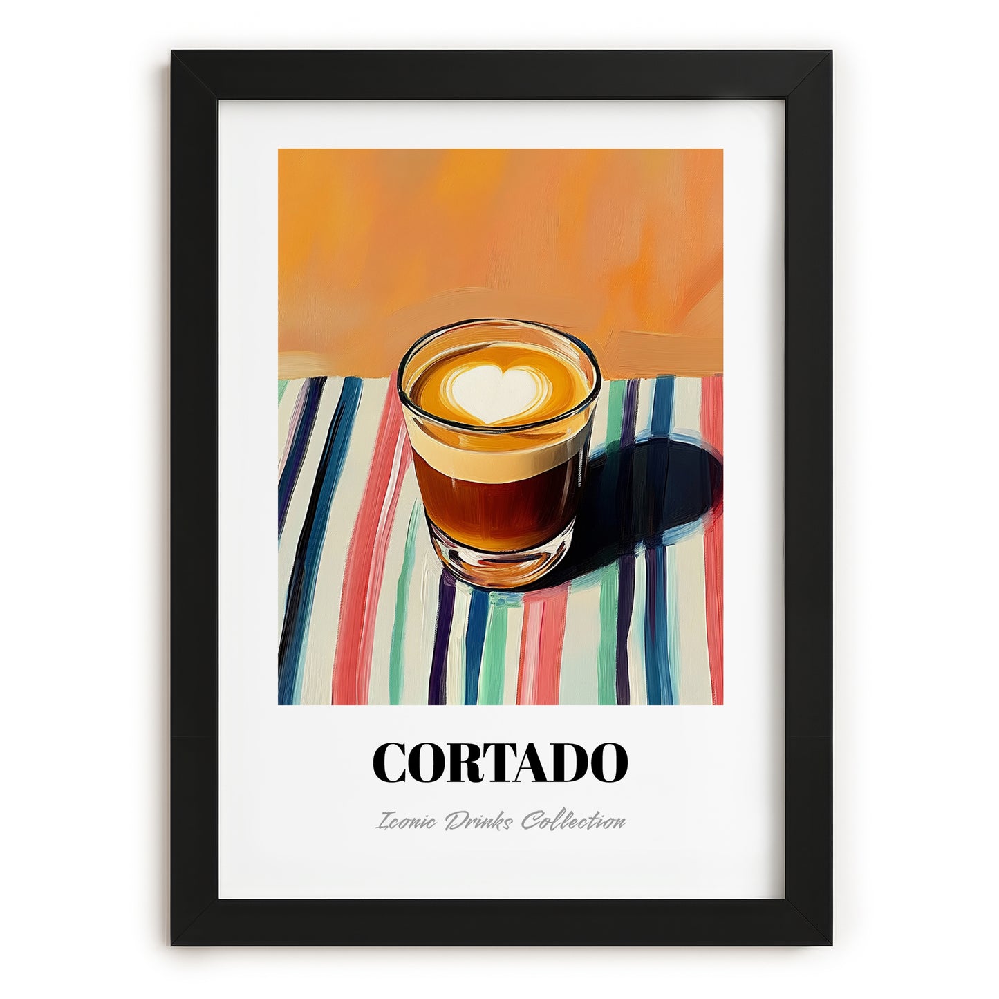 Cortado – on Striped Tablecloth, Spanish Coffee Wall Decor, in sleek black frame