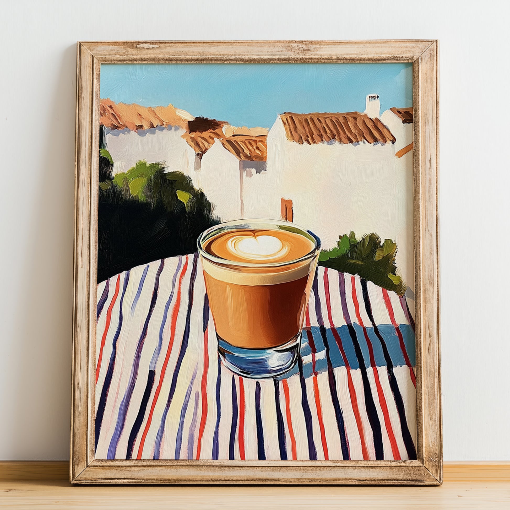Cortado – Spanish Street Café Scene, Spanish Coffee Art, no-text version framed in wood