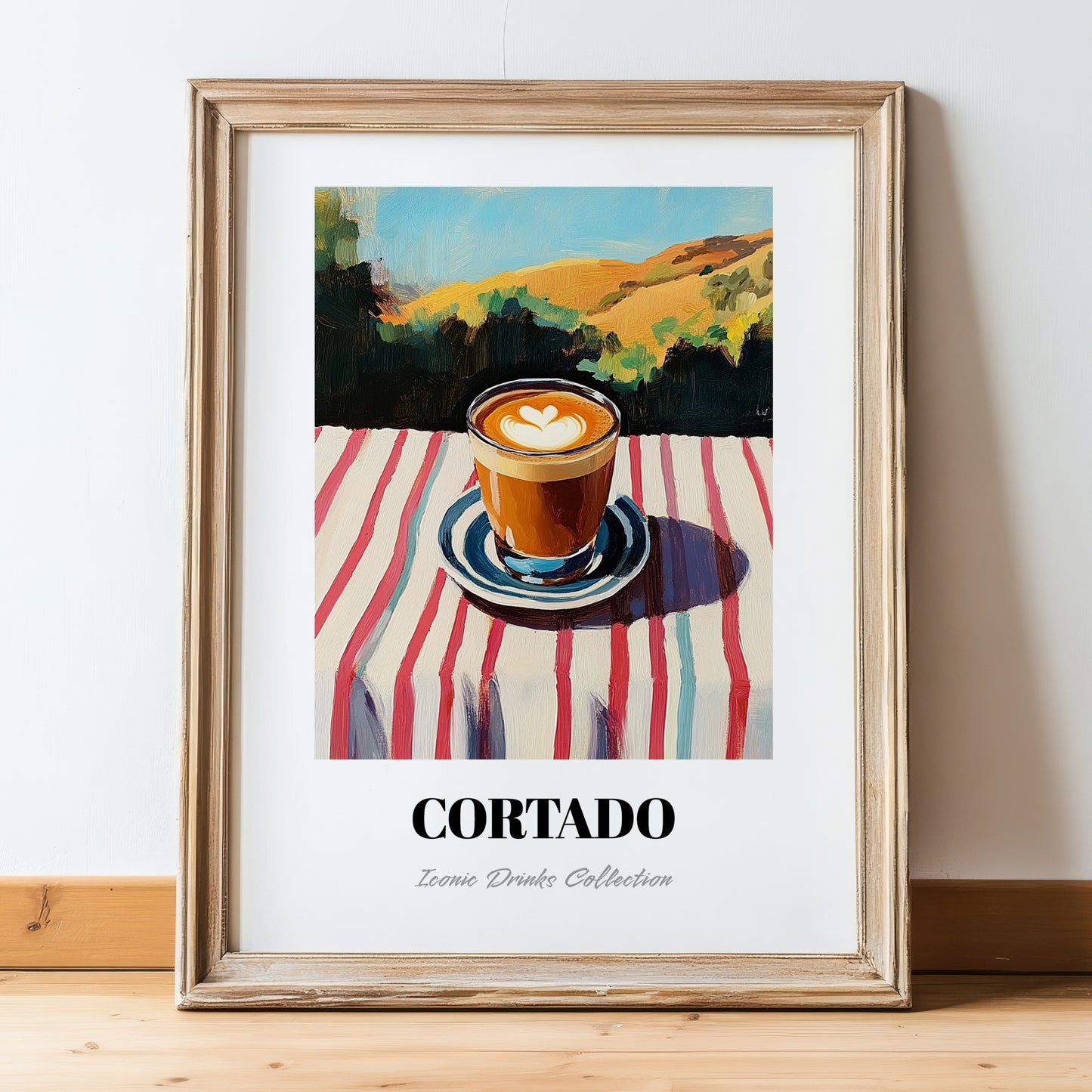 Cortado – Spanish Hilltop Table Scene, Spanish Coffee Wall Decor, in wooden frame leaning on the floor