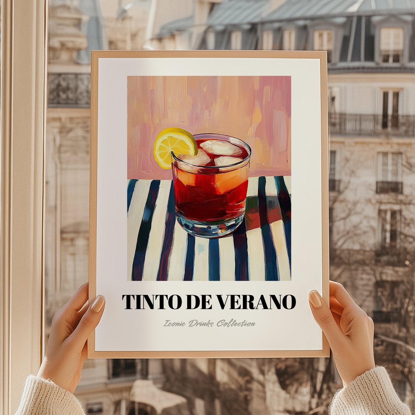 Tinto De Verano – on Striped Tablecloth, Spanish Cocktail Poster, styled in a charming Paris street view