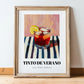 Tinto De Verano – on Striped Tablecloth, Spanish Cocktail Poster, in wooden frame leaning on the floor