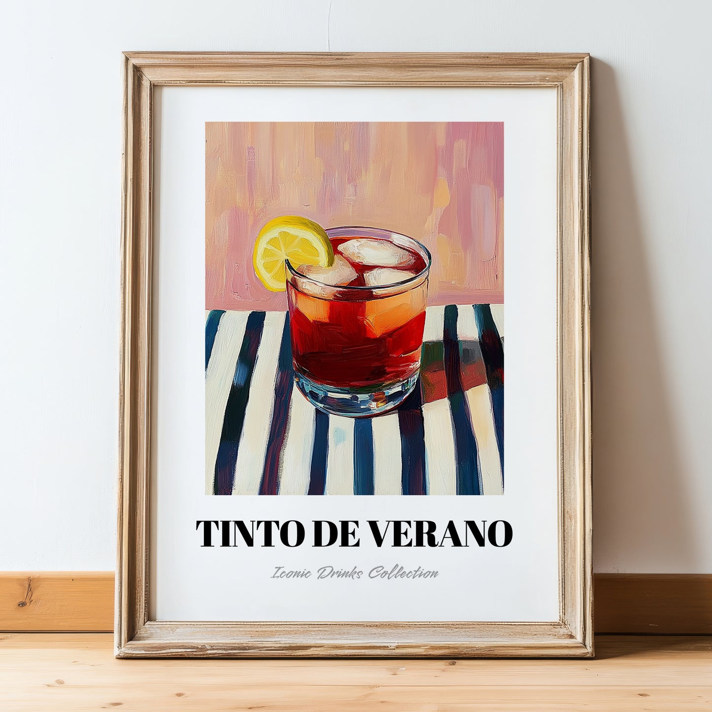 Tinto De Verano – on Striped Tablecloth, Spanish Cocktail Poster, in wooden frame leaning on the floor