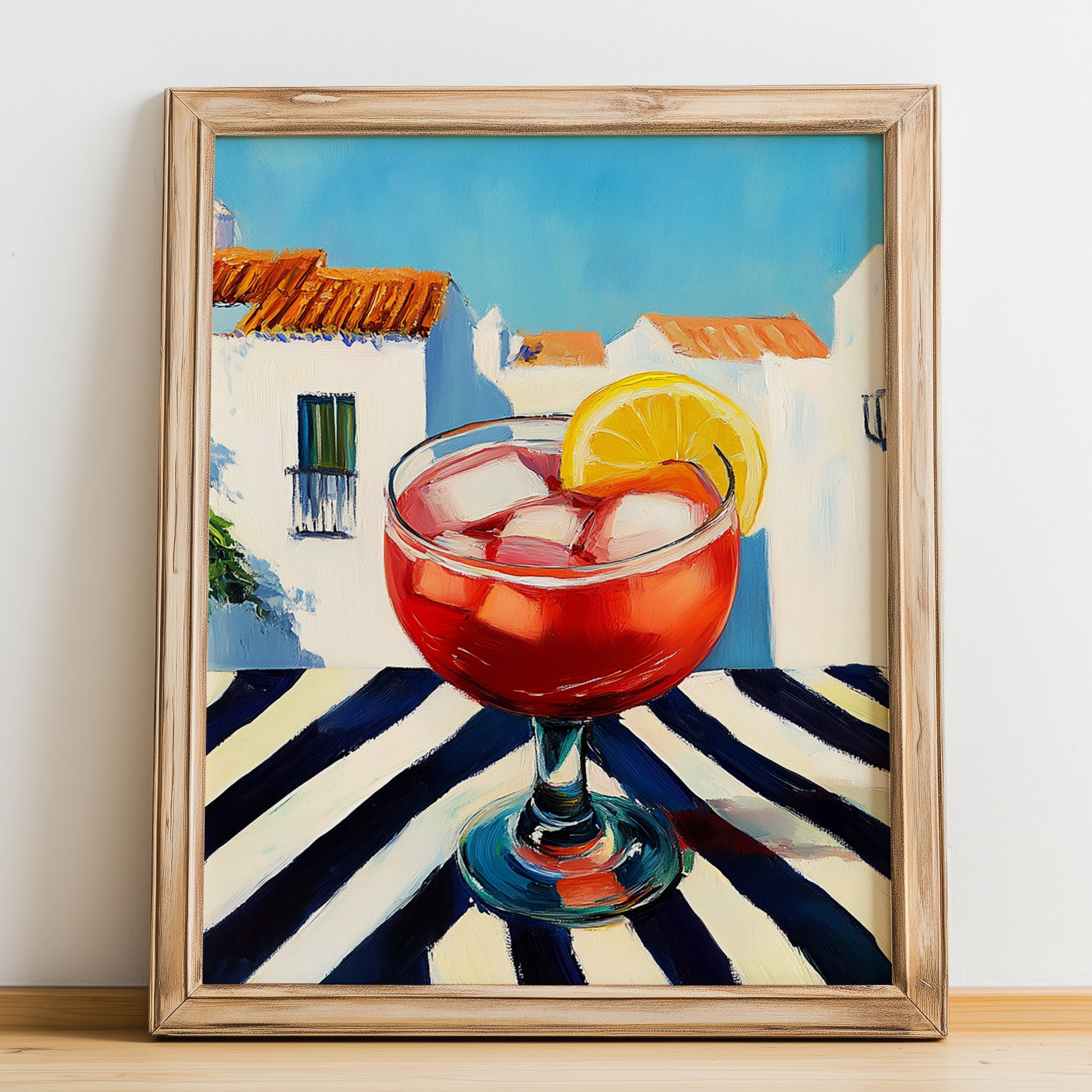 Tinto De Verano – Spanish Café on the Corner, Spanish Cocktail Illustration, no-text version framed in wood