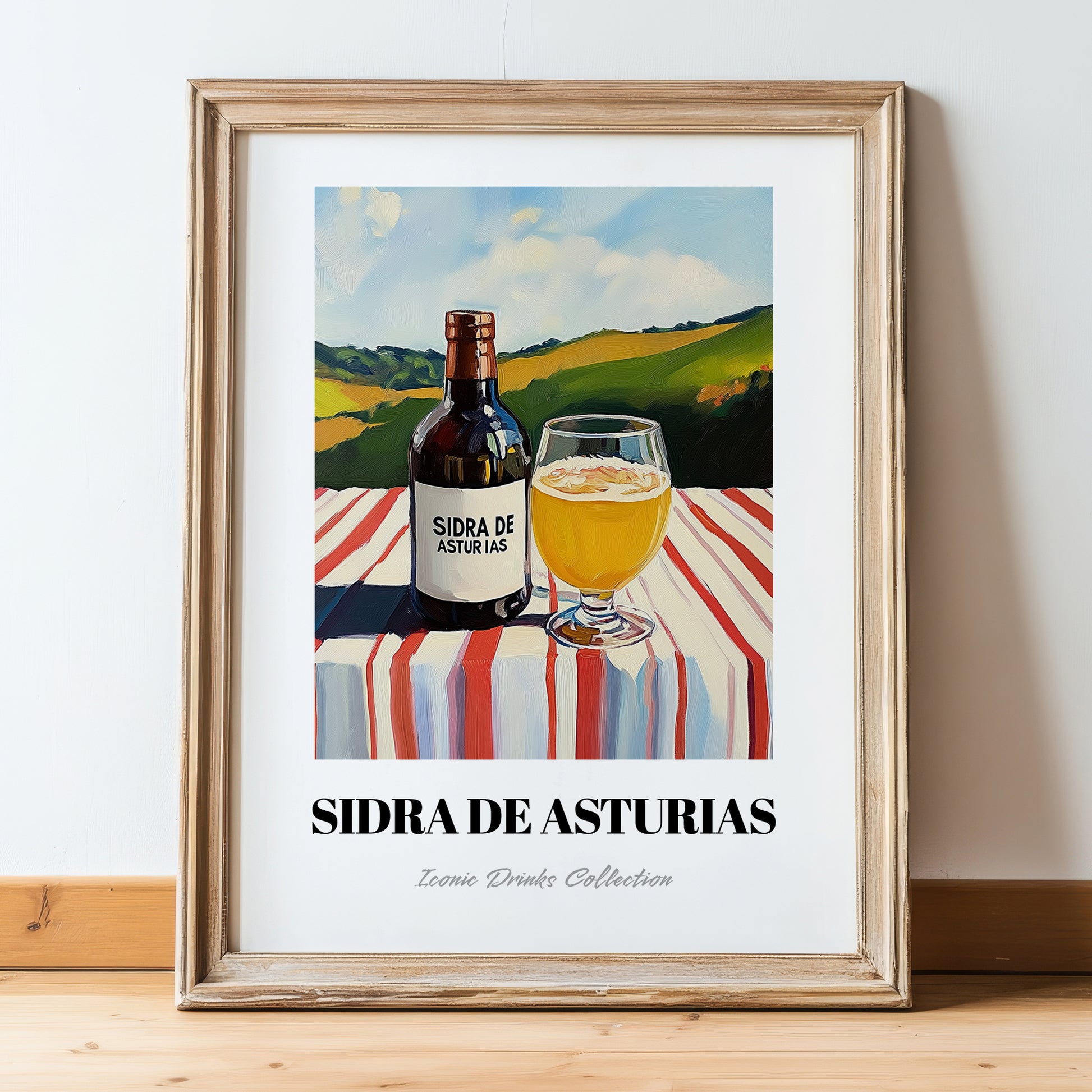 Sidra De Asturias – Spanish Hillside Café View, Spanish Beverage, in wooden frame leaning on the floor