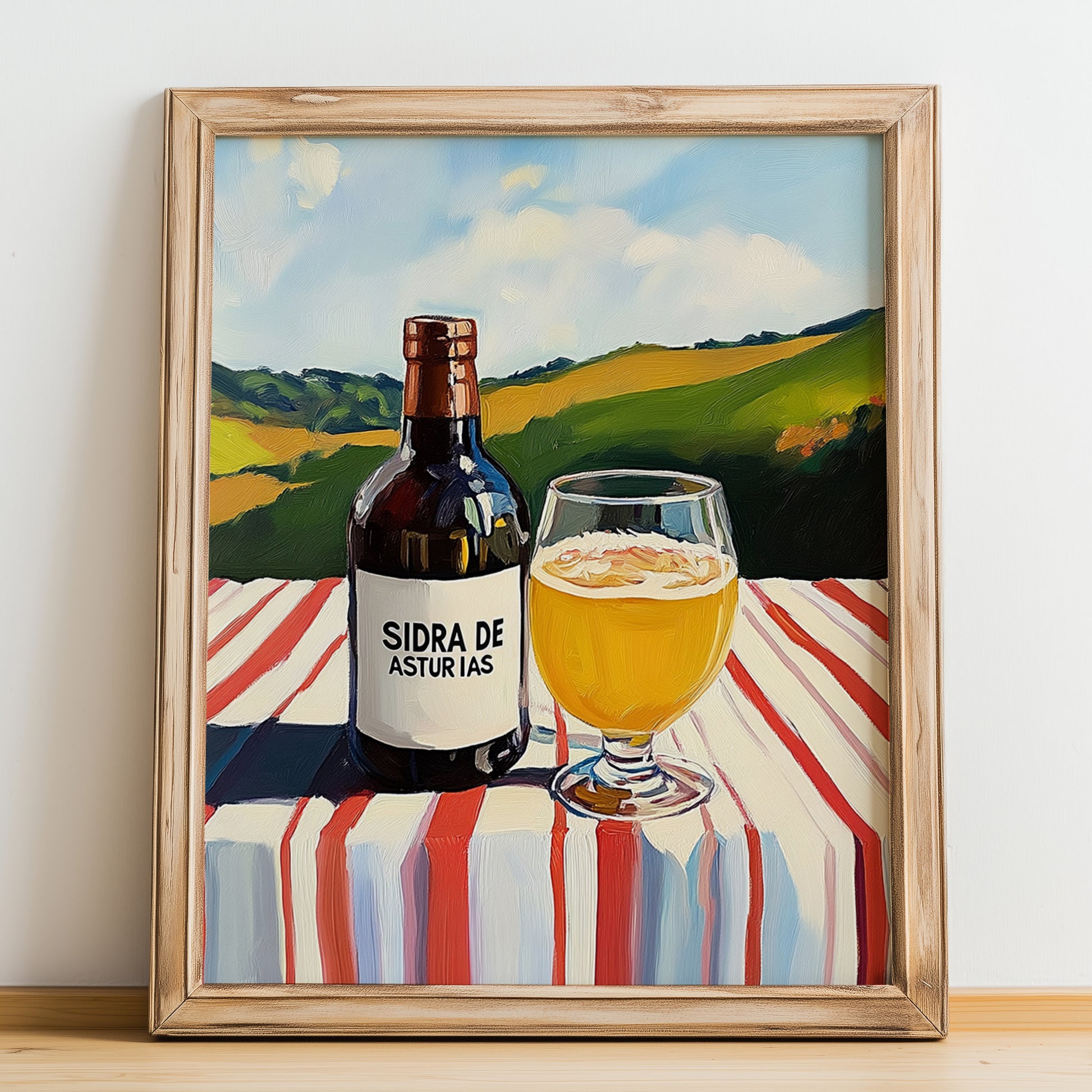 Sidra De Asturias – Spanish Hillside Café View, Spanish Beverage, no-text version framed in wood