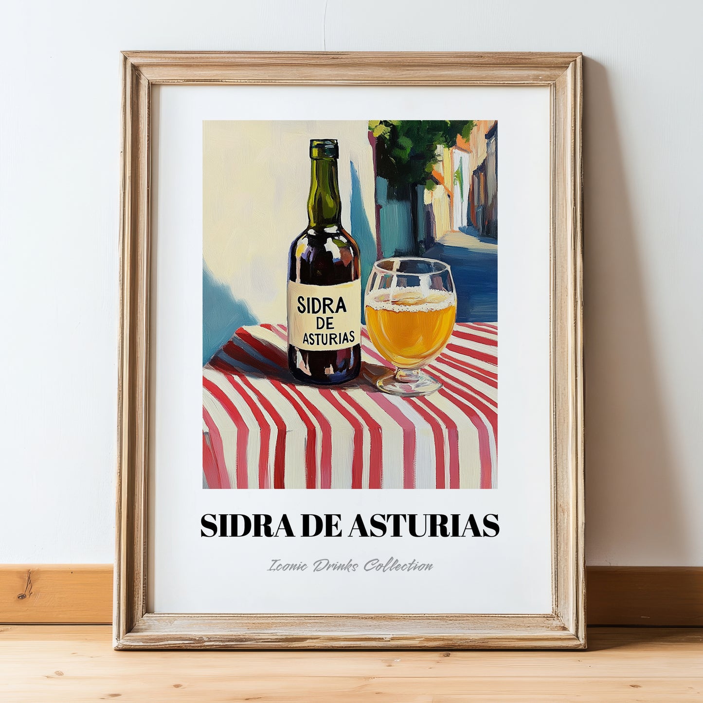 Sidra De Asturias – Spanish Urban Café Scene, Spanish Beverage, in wooden frame leaning on the floor