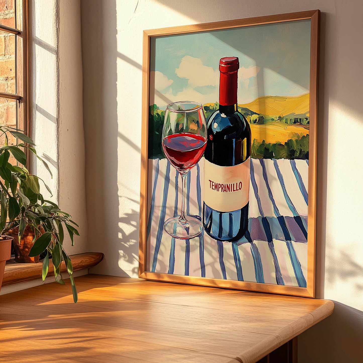 Tempranillo – Spanish Hillside Café View, Spanish Wine Wall Decor, clean layout with no caption