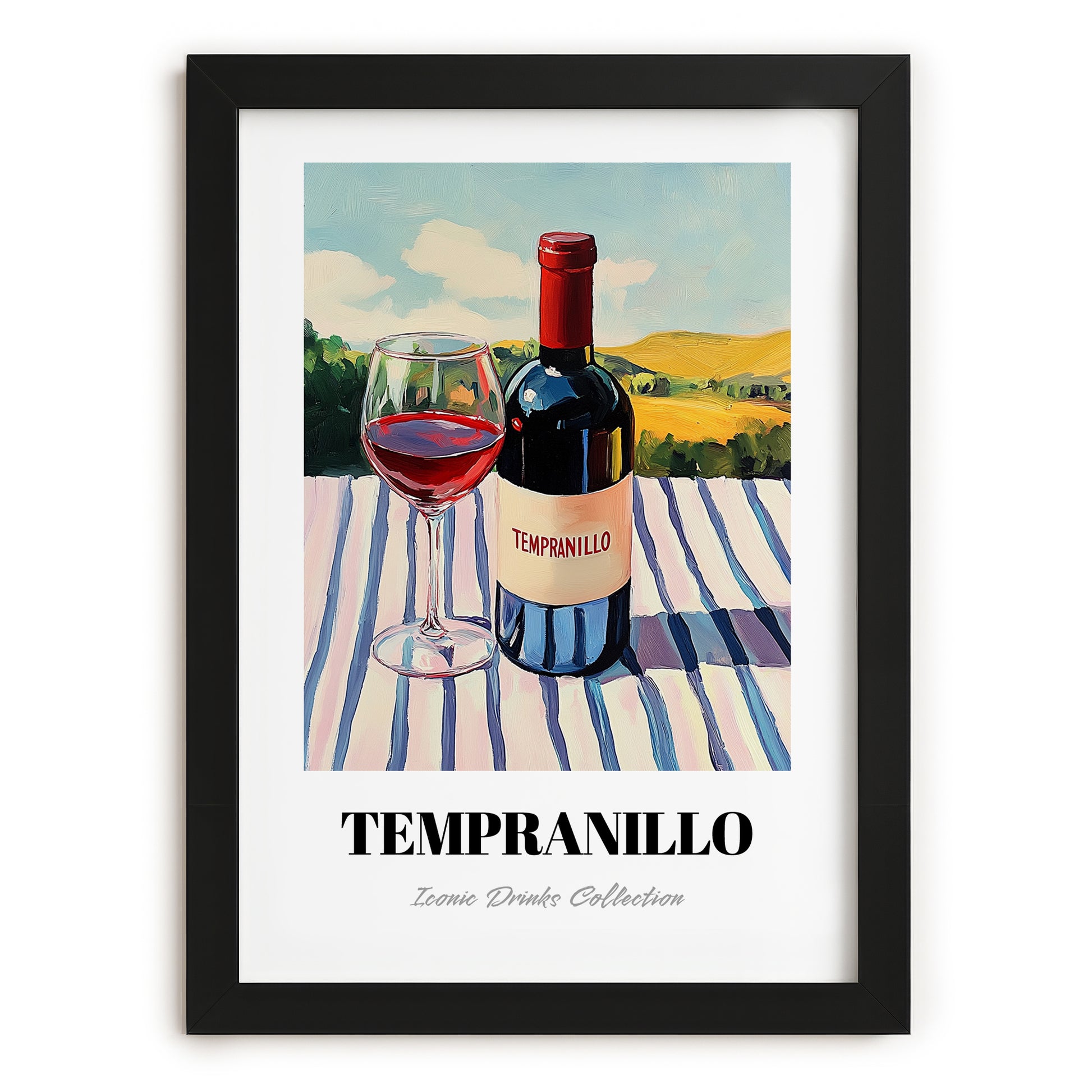 Tempranillo – Spanish Hillside Café View, Spanish Wine Wall Decor, in sleek black frame