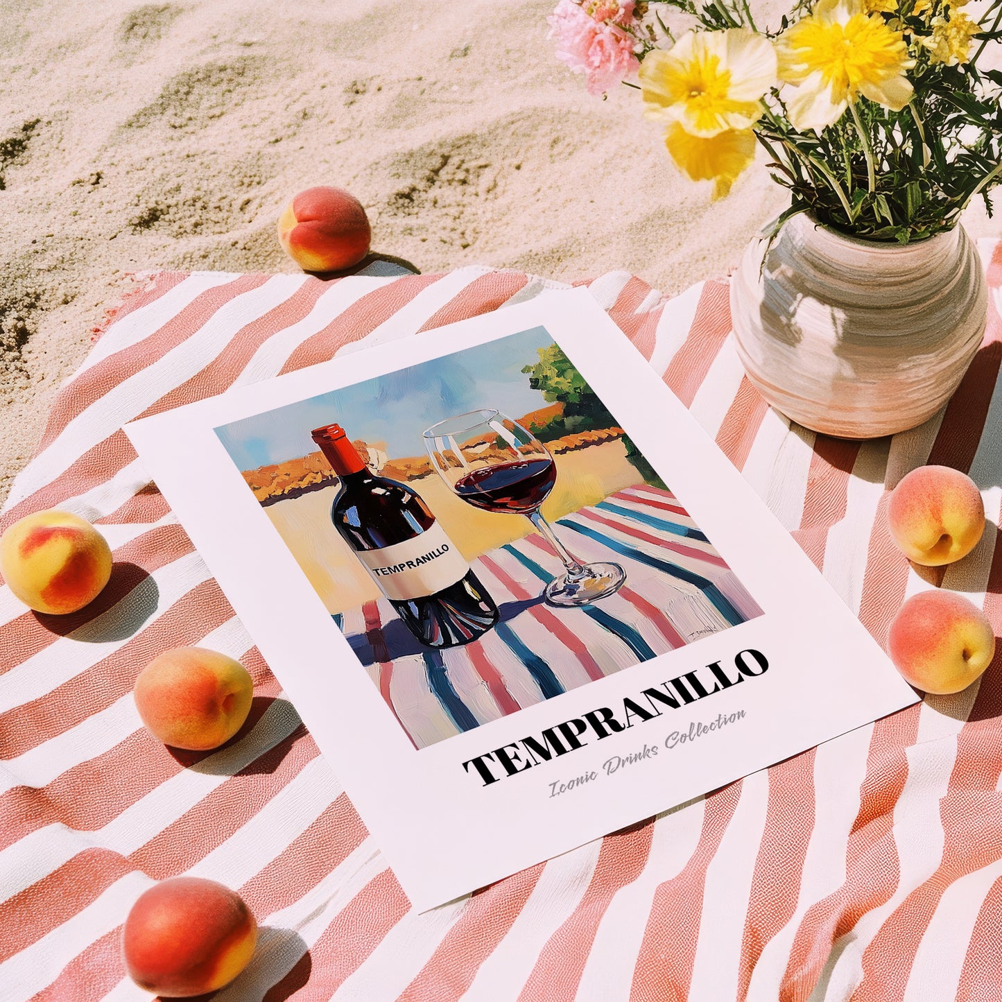 Tempranillo – Spanish Café on the Corner, Spanish Wine Painting, unframed on coastal sand