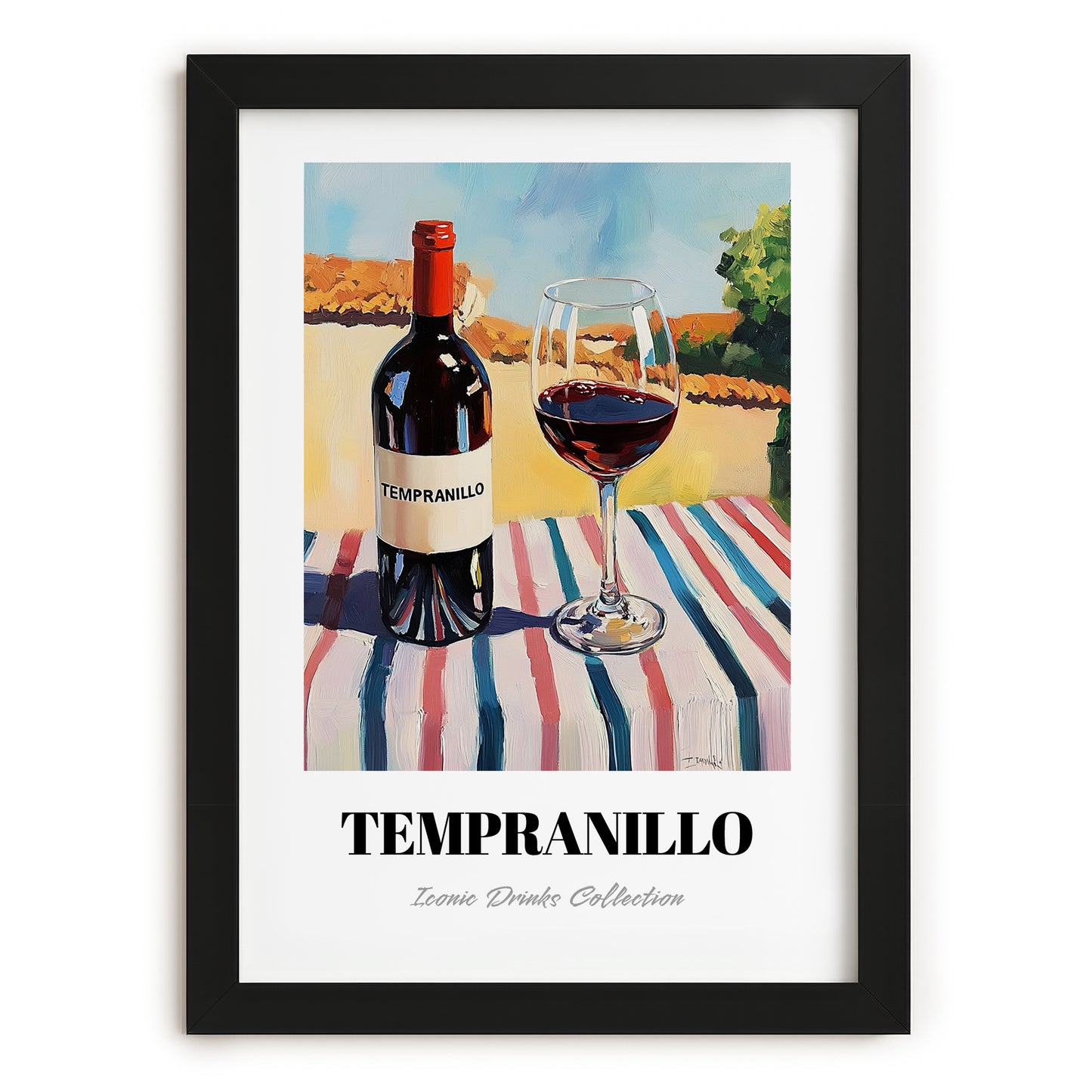 Tempranillo – Spanish Café on the Corner, Spanish Wine Painting, in sleek black frame