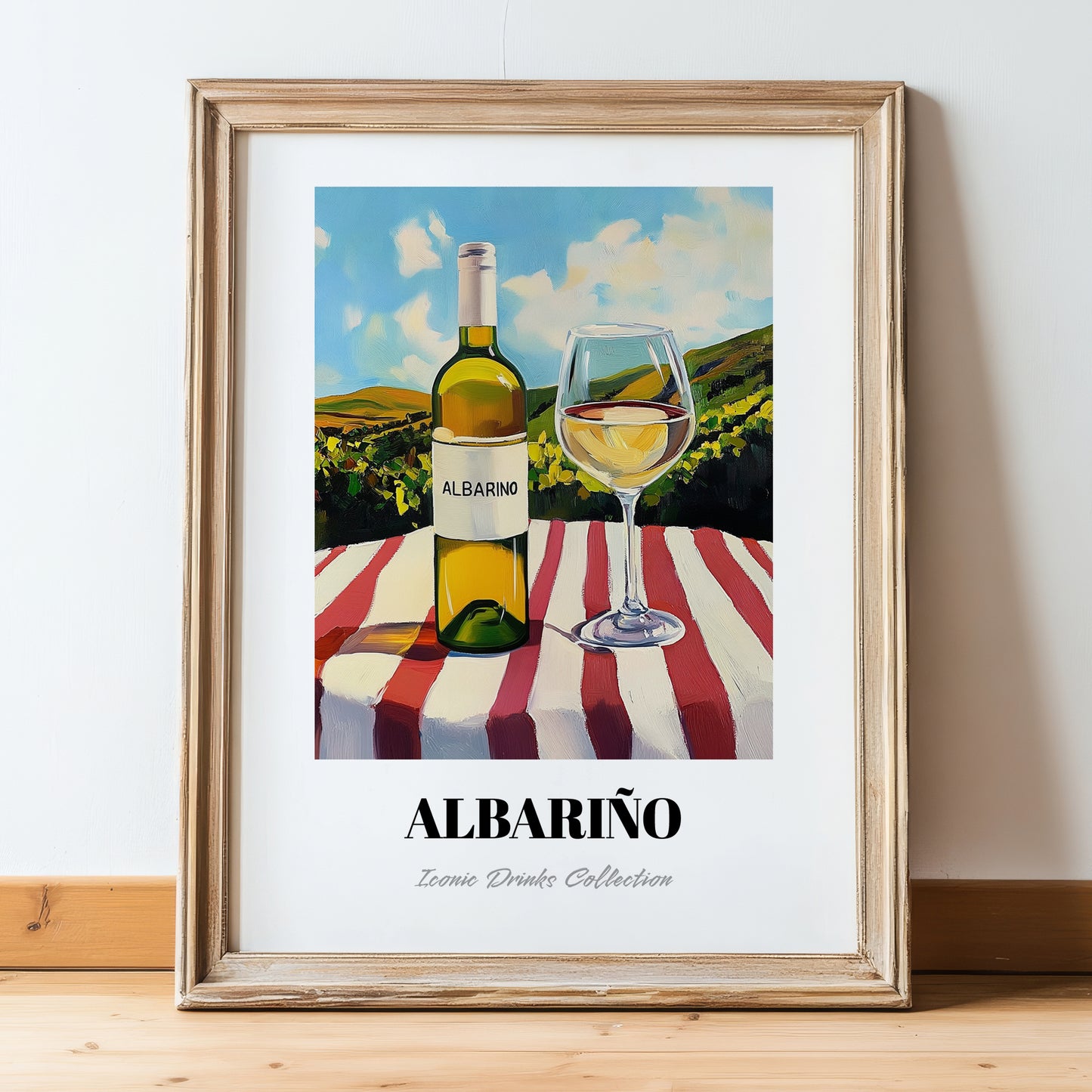 Albariño – Spanish Hilltop Table Scene, Spanish Wine Wall Art, in wooden frame leaning on the floor
