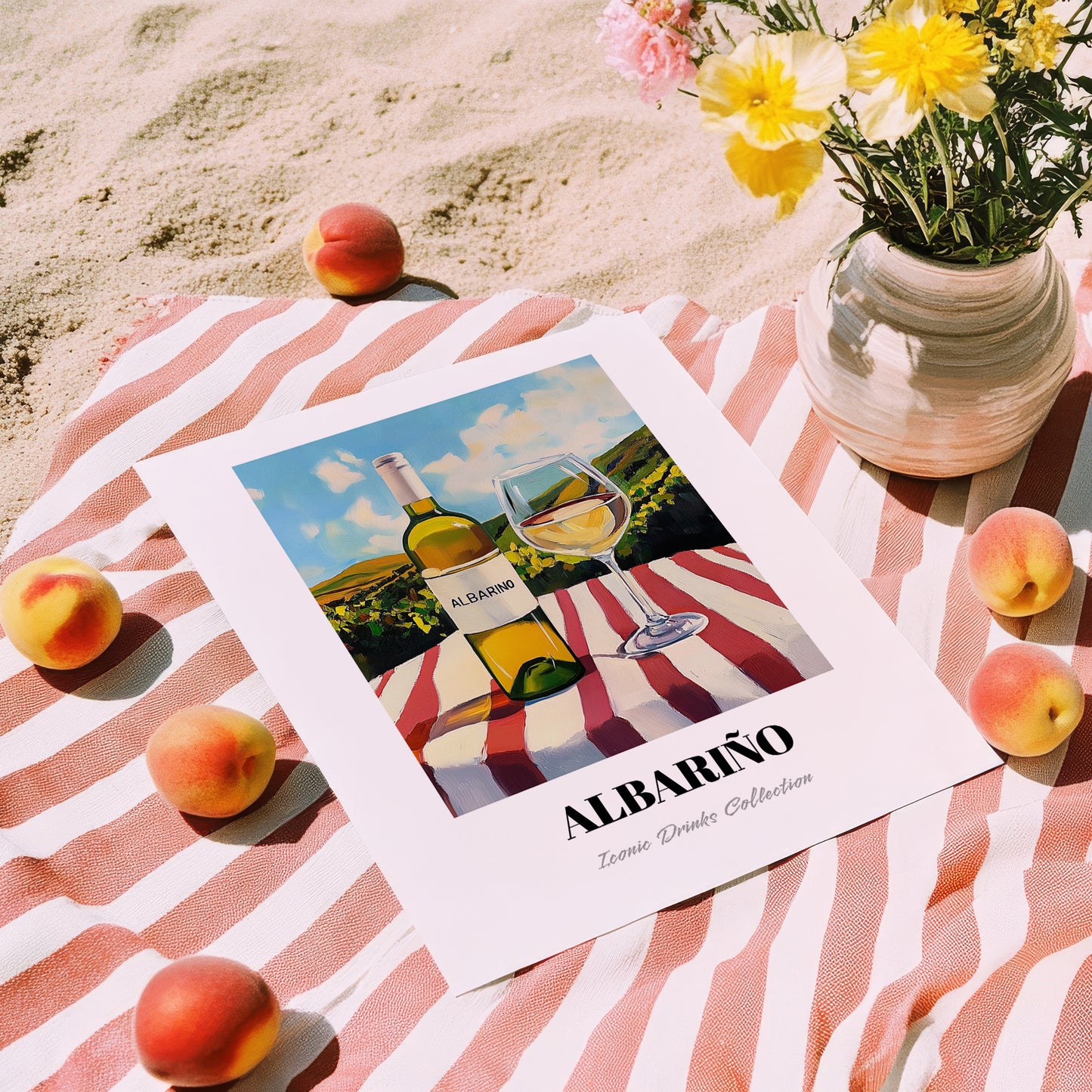 Albariño – Spanish Hilltop Table Scene, Spanish Wine Wall Art, unframed on coastal sand