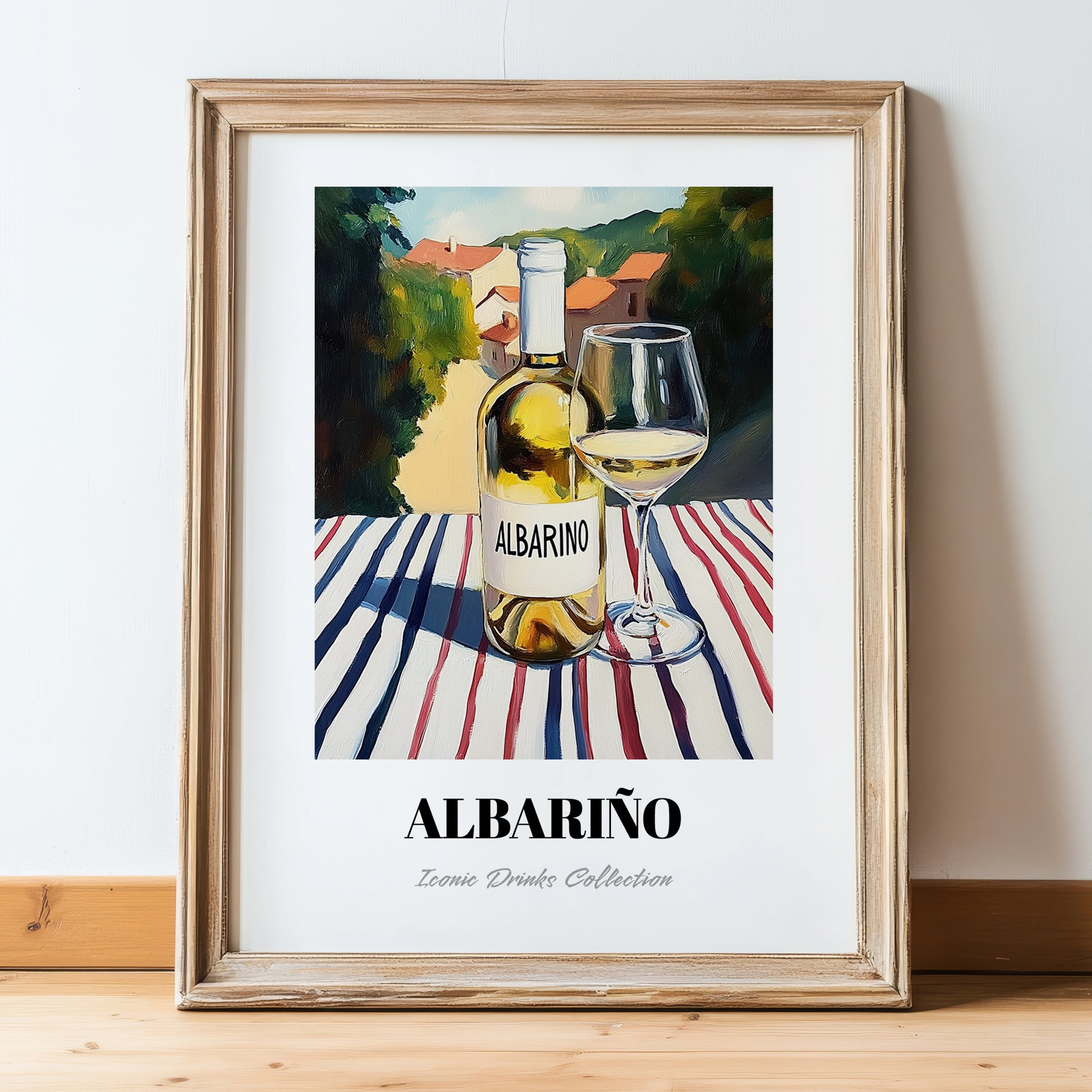 Albariño – Spanish Hillside Café View, Spanish Wine Illustration, in wooden frame leaning on the floor