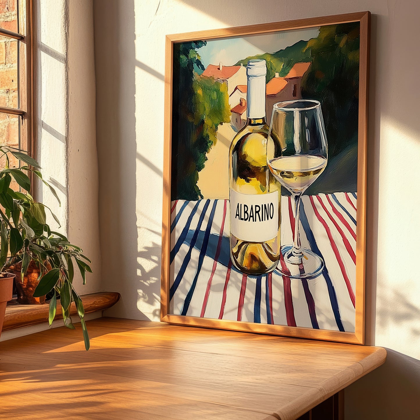 Albariño – Spanish Hillside Café View, Spanish Wine Illustration, clean layout with no caption