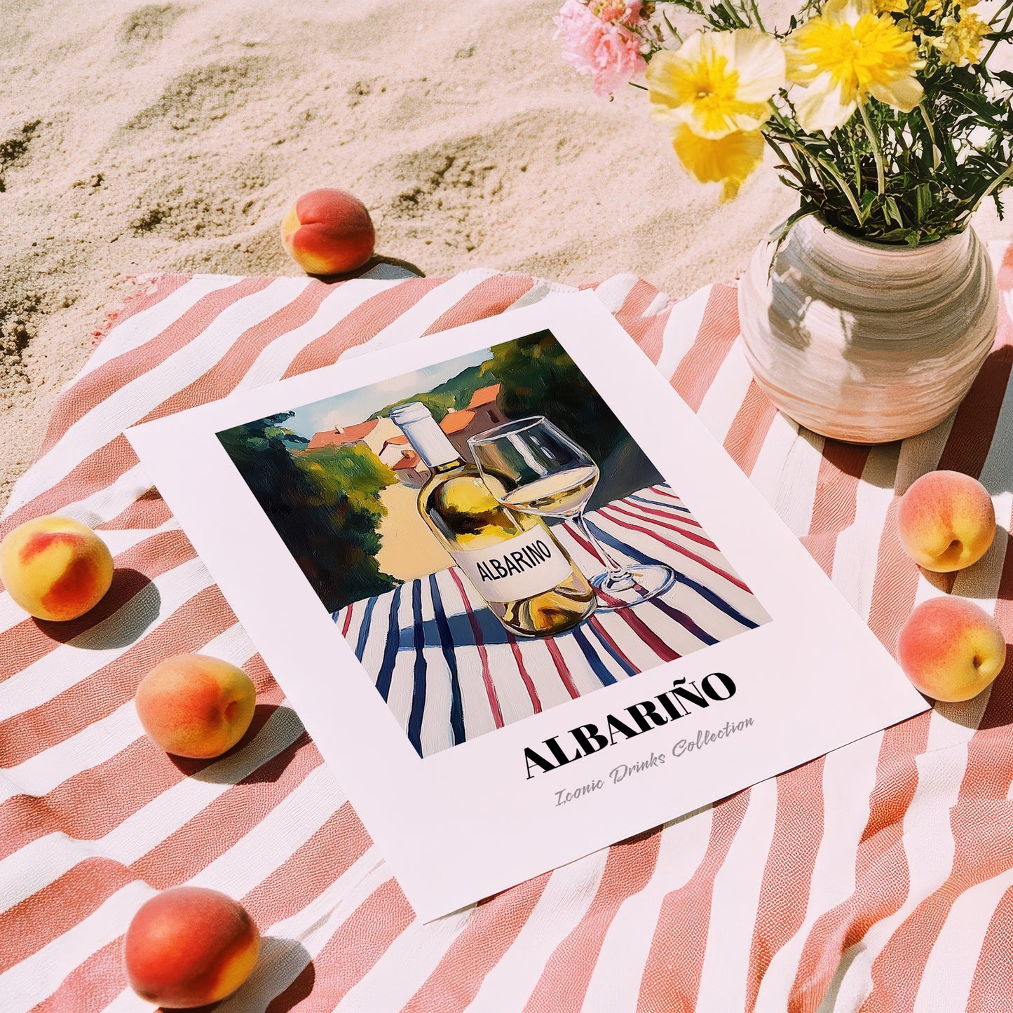 Albariño – Spanish Hillside Café View, Spanish Wine Illustration, unframed on coastal sand