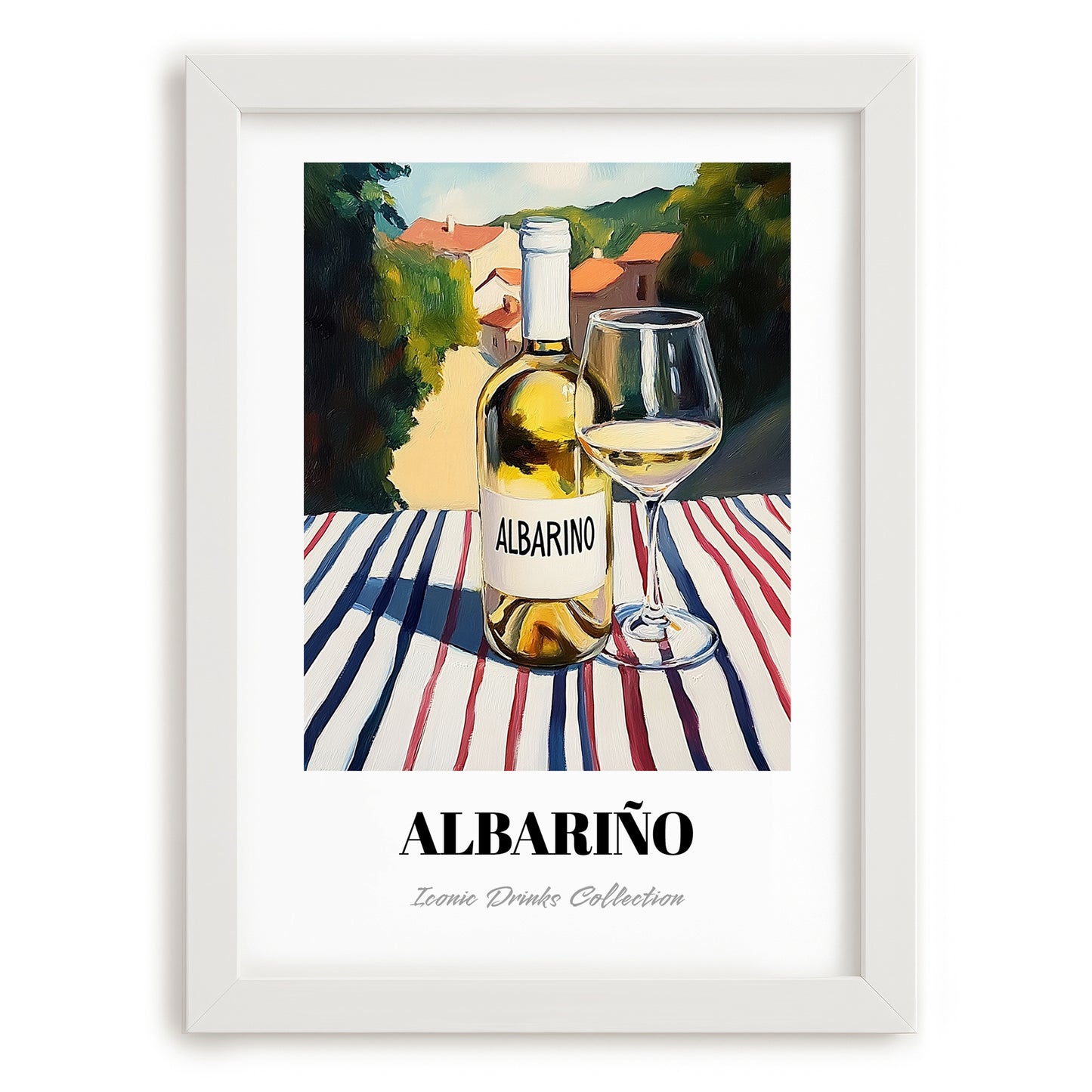 Albariño – Spanish Hillside Café View, Spanish Wine Illustration, placed in minimal white frame