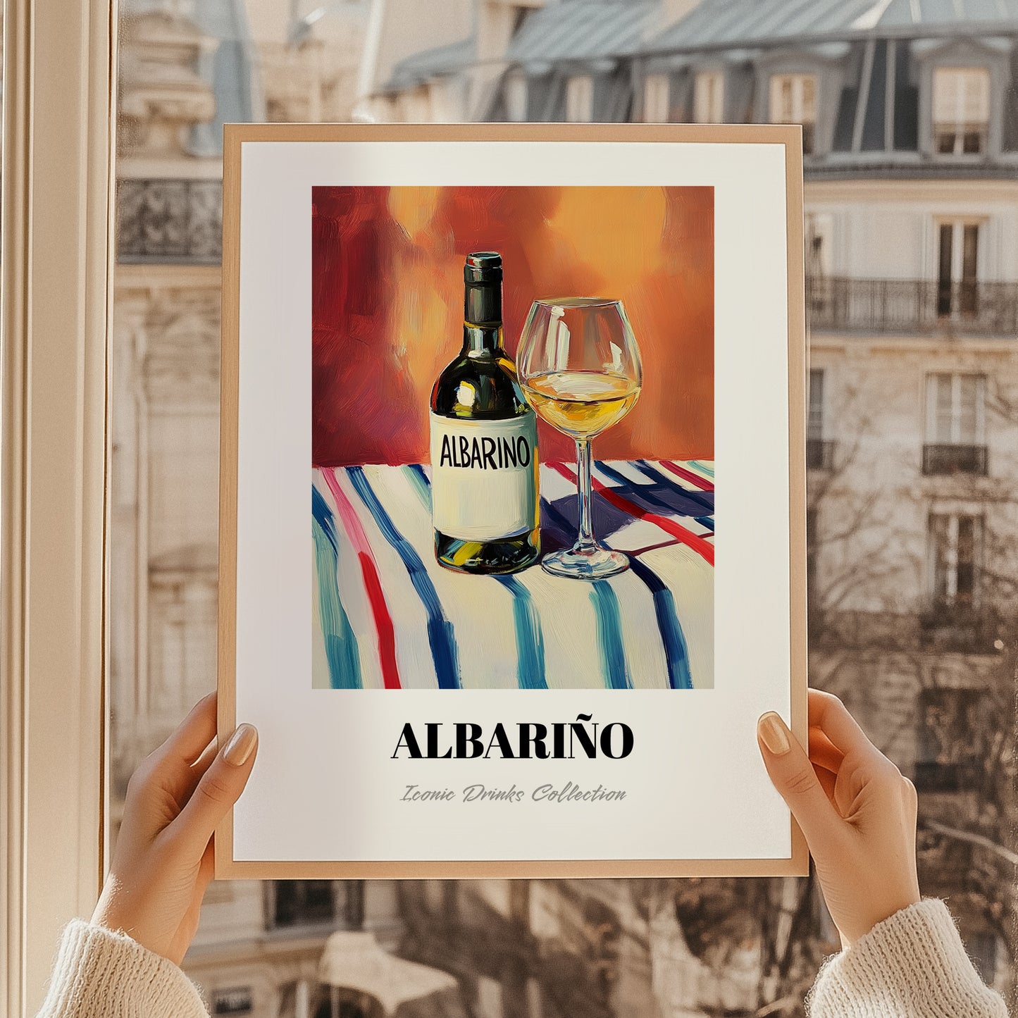 Albariño – on Striped Tablecloth, Spanish Wine Still Life, styled in a charming Paris street view
