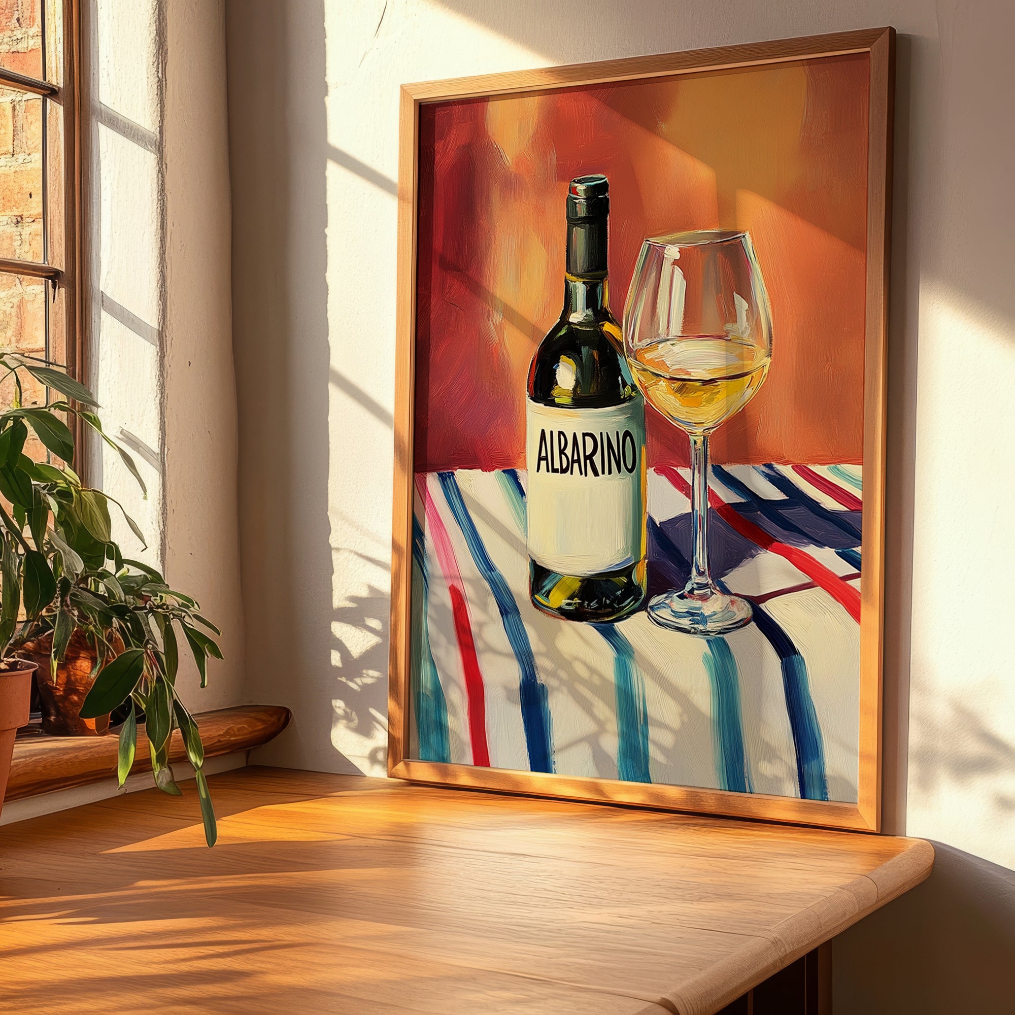 Albariño – on Striped Tablecloth, Spanish Wine Still Life, clean layout with no caption