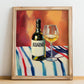 Albariño – on Striped Tablecloth, Spanish Wine Still Life, no-text version framed in wood
